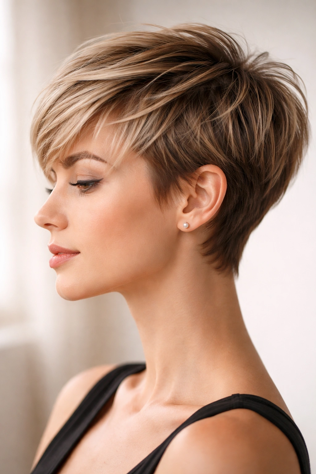 10 Feathered Short Haircuts With Soft Wispy Layers 1 Close-up of a modern pixie crop with feathered texture and wispy sides.