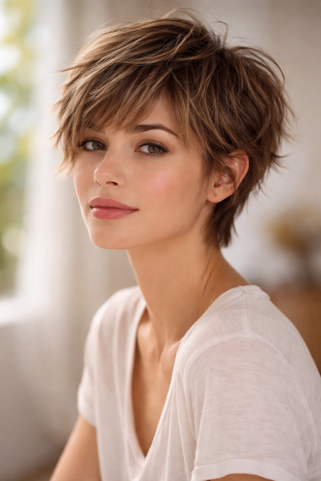 Feathered tousled pixie with soft bangs displaying natural texture