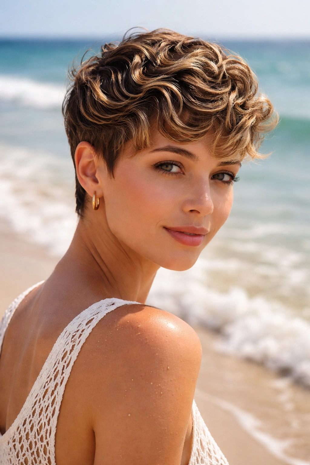 Close-up of textured pixie with finger waves on a beach