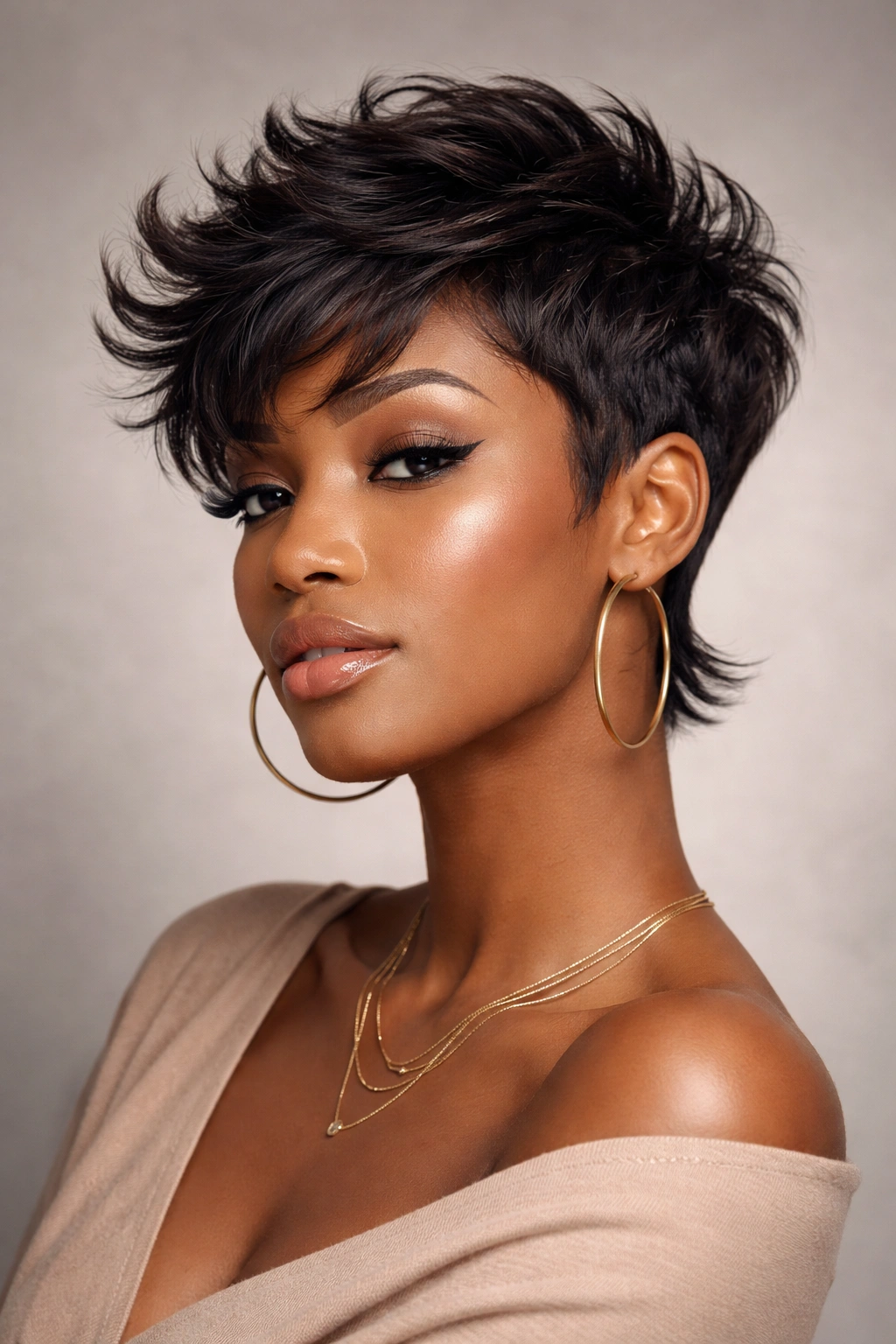 Close-up of a Black woman with a tousled pixie and outward-flipped sides.