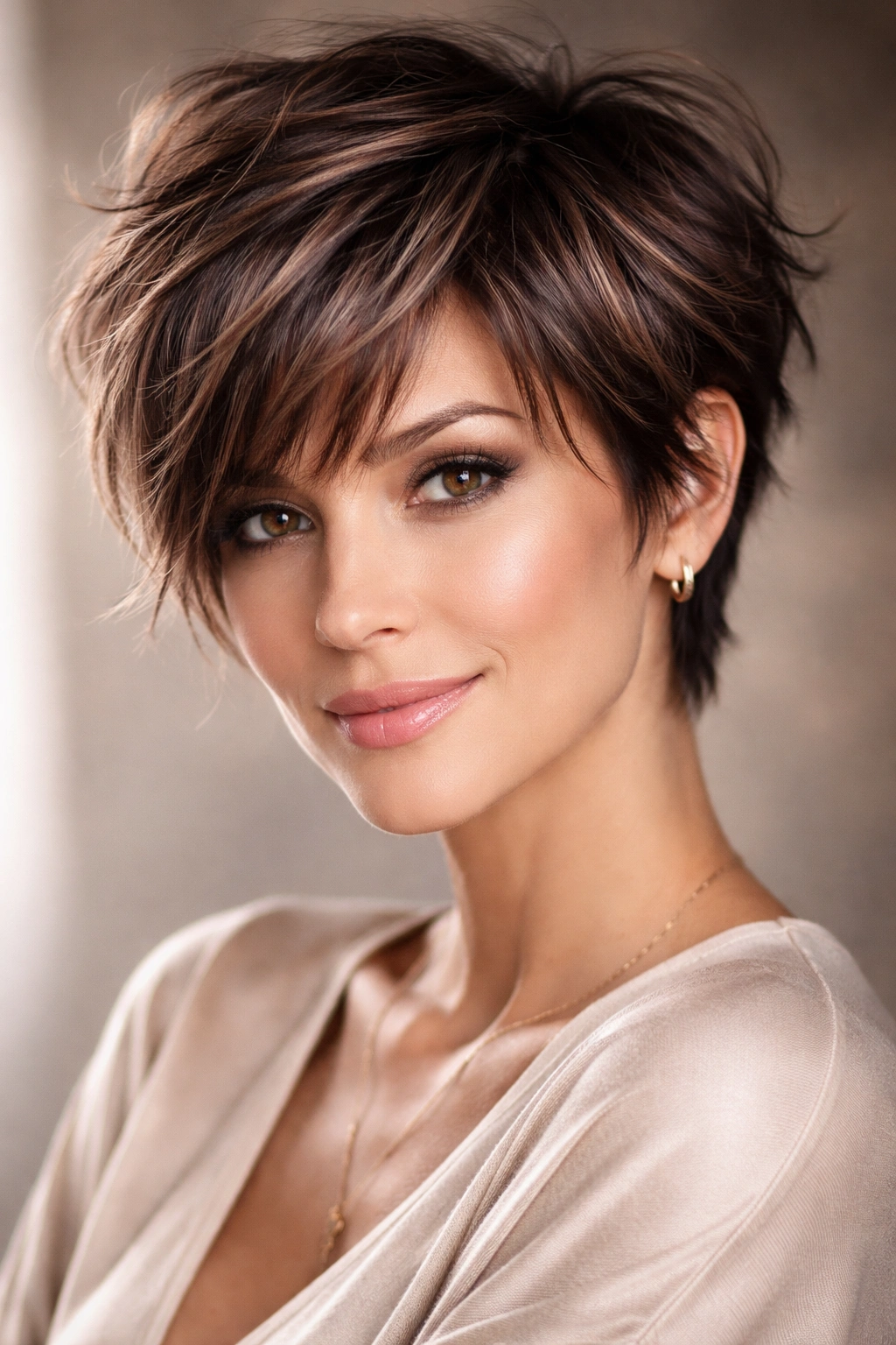 Close-up of a woman with a tousled pixie cut and fringe