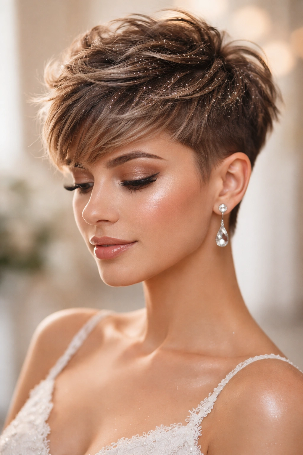 Tousled pixie fade with glitter accents catching light