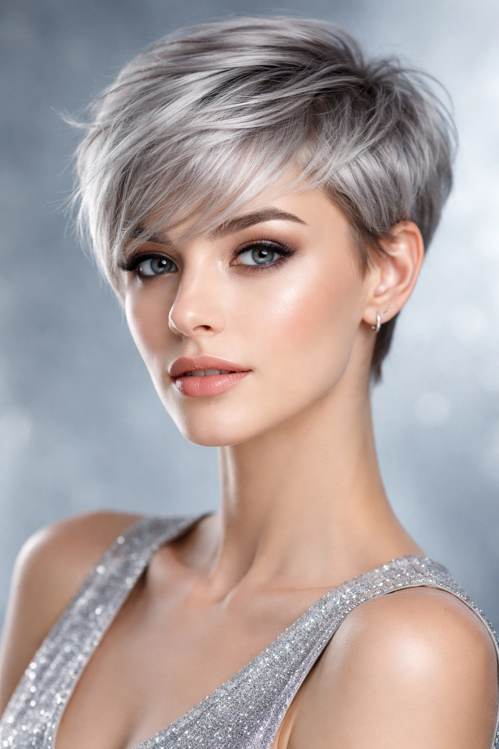 Pixie cut in cool gray/silver tones with crisp edges