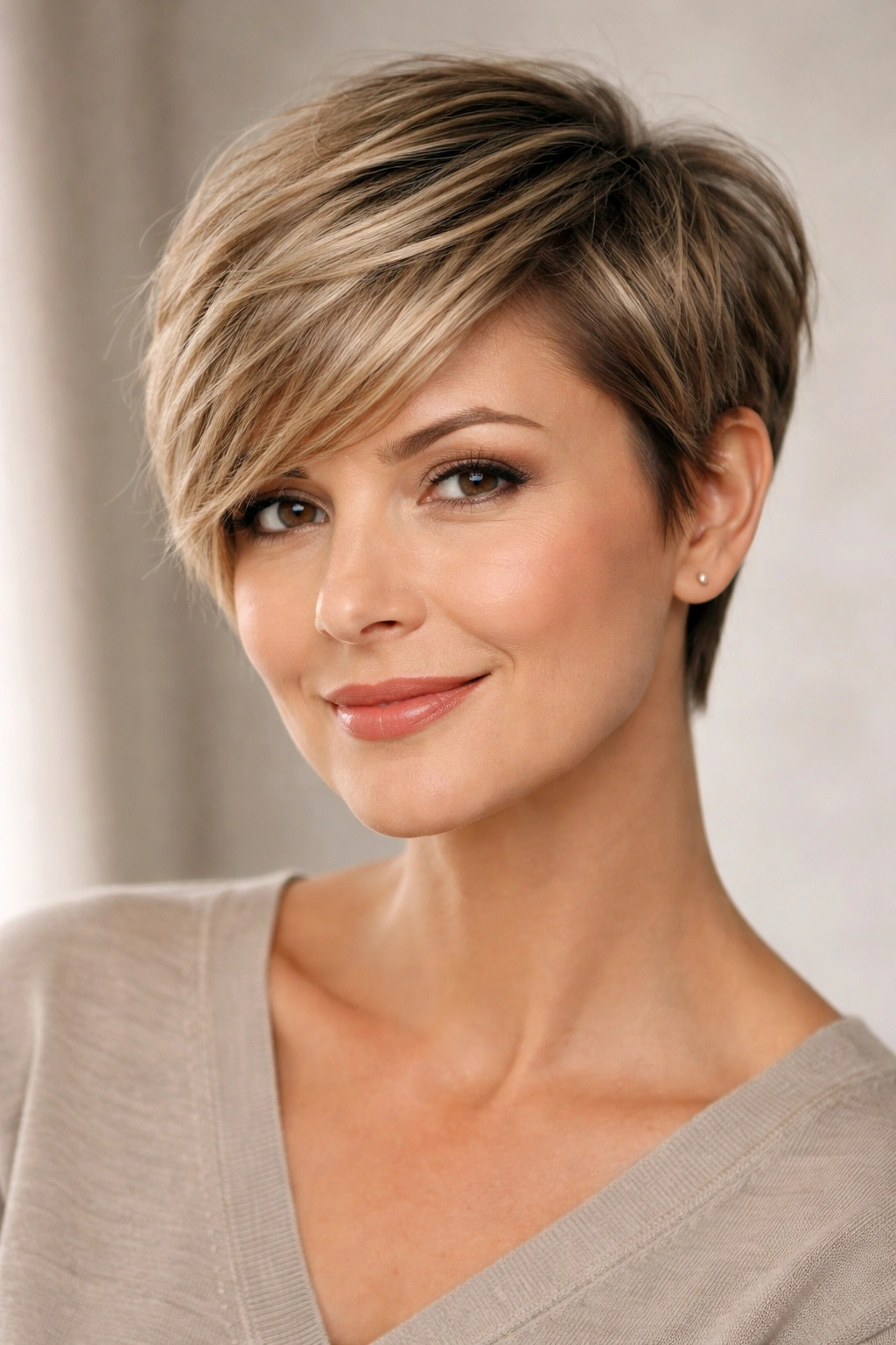 Close-up of a woman with a side-swept pixie grow-out showing diagonal face framing and textured hair.