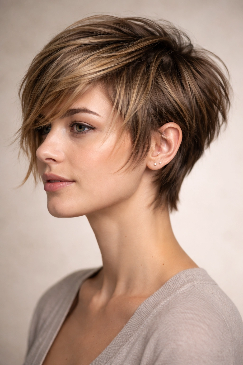 Portrait of grown-out pixie transitioning to pixie bob with asymmetrical layers