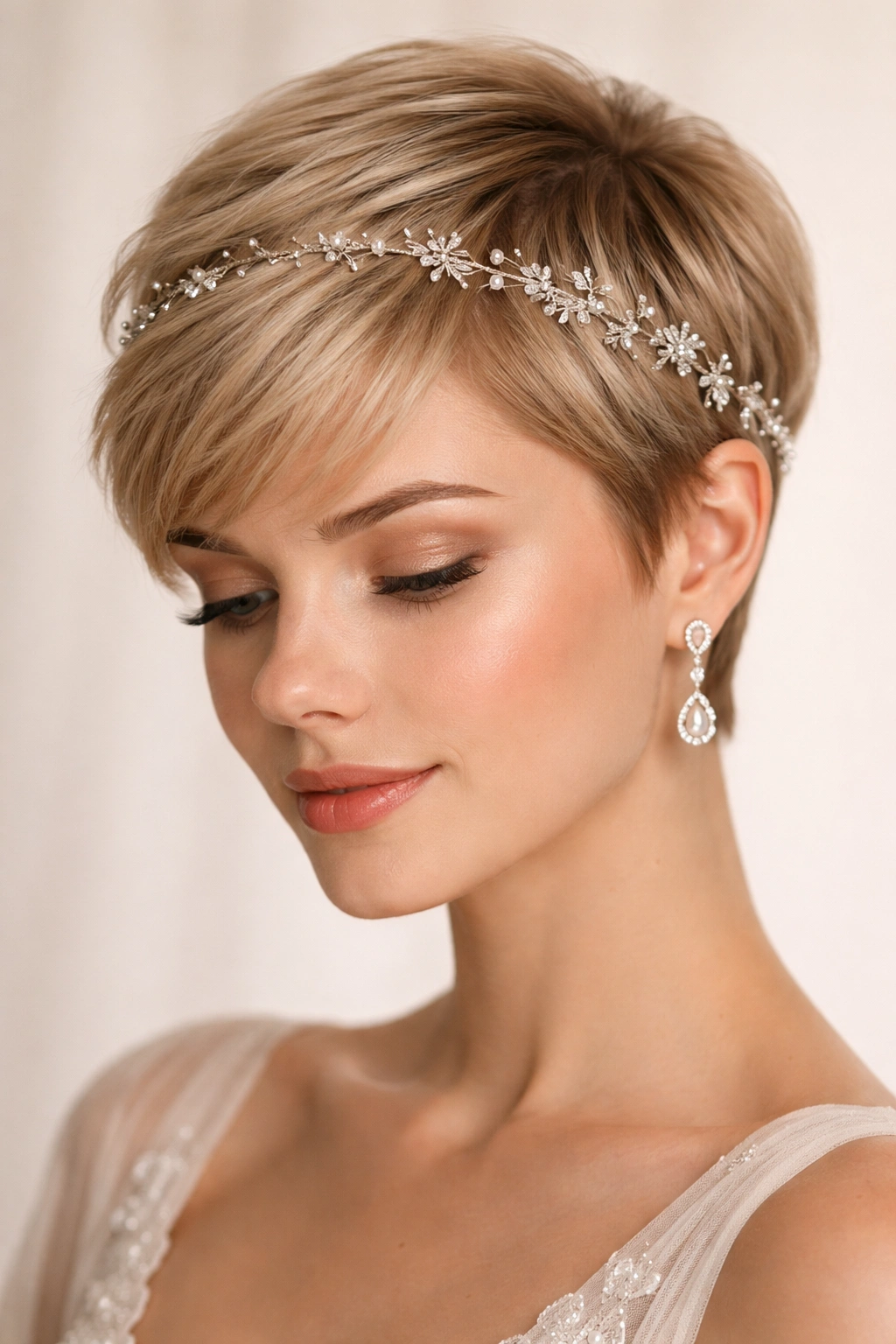 Pixie cut with delicate hair vine across the crown