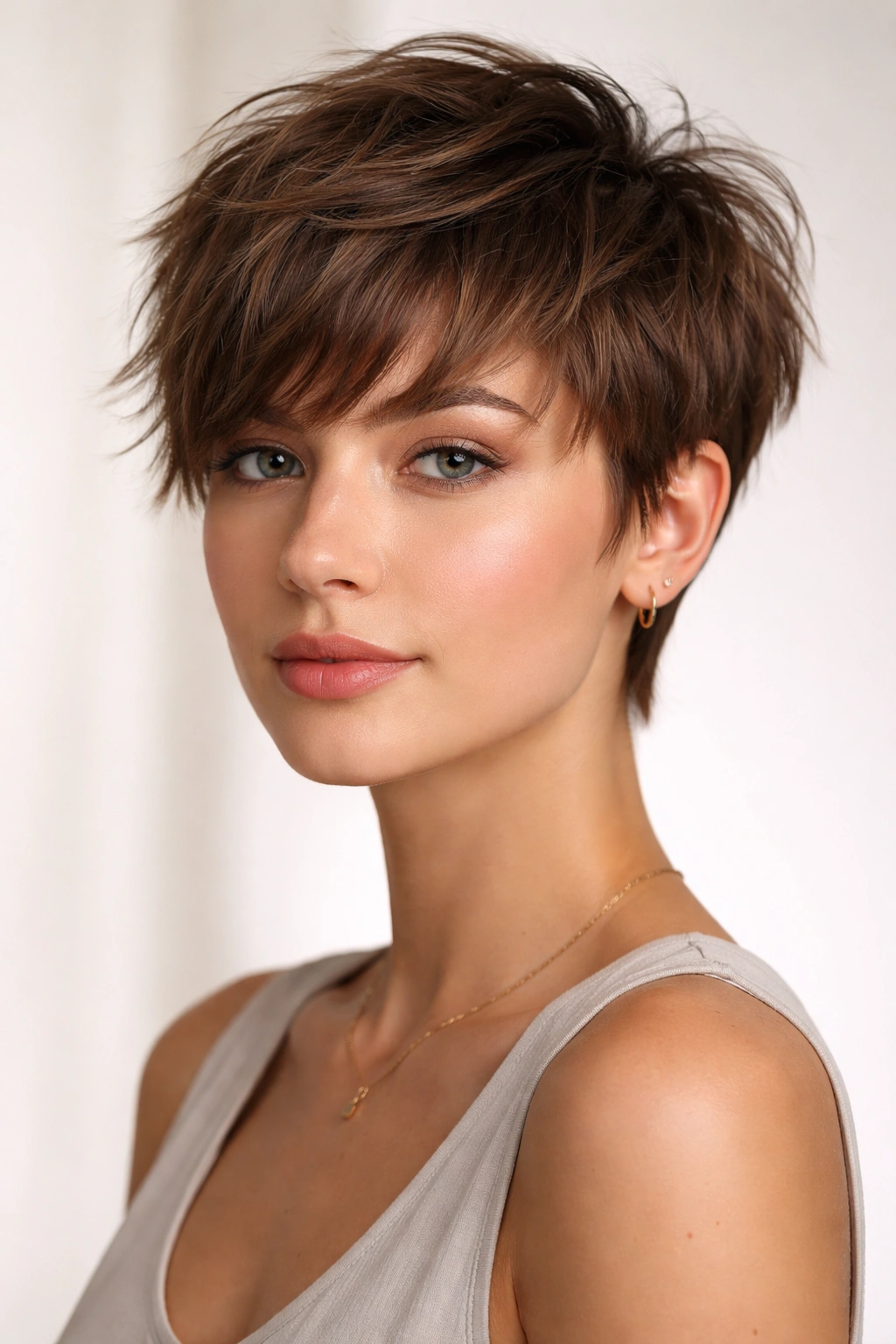 Textured pixie with bangs and longer top layers
