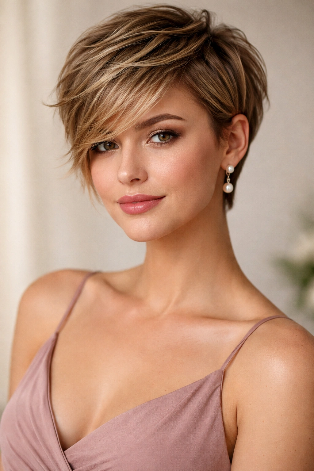 Close-up of a bridesmaid with a textured pixie and side-swept fringe