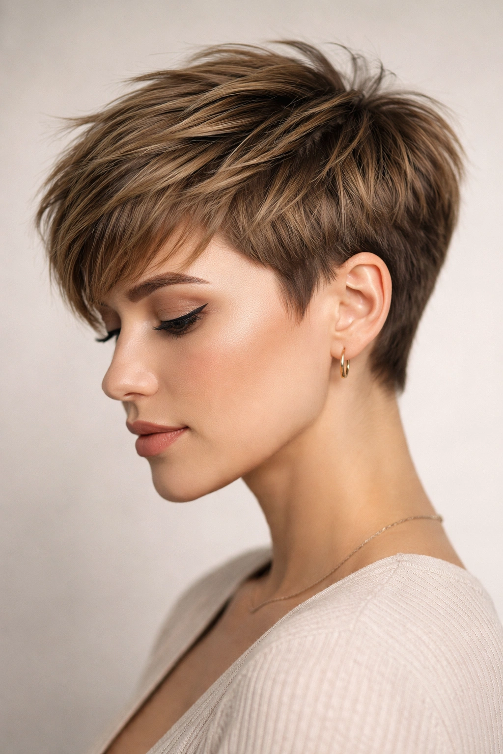 Close-up of a modern textured pixie with choppy layers highlighting crown texture