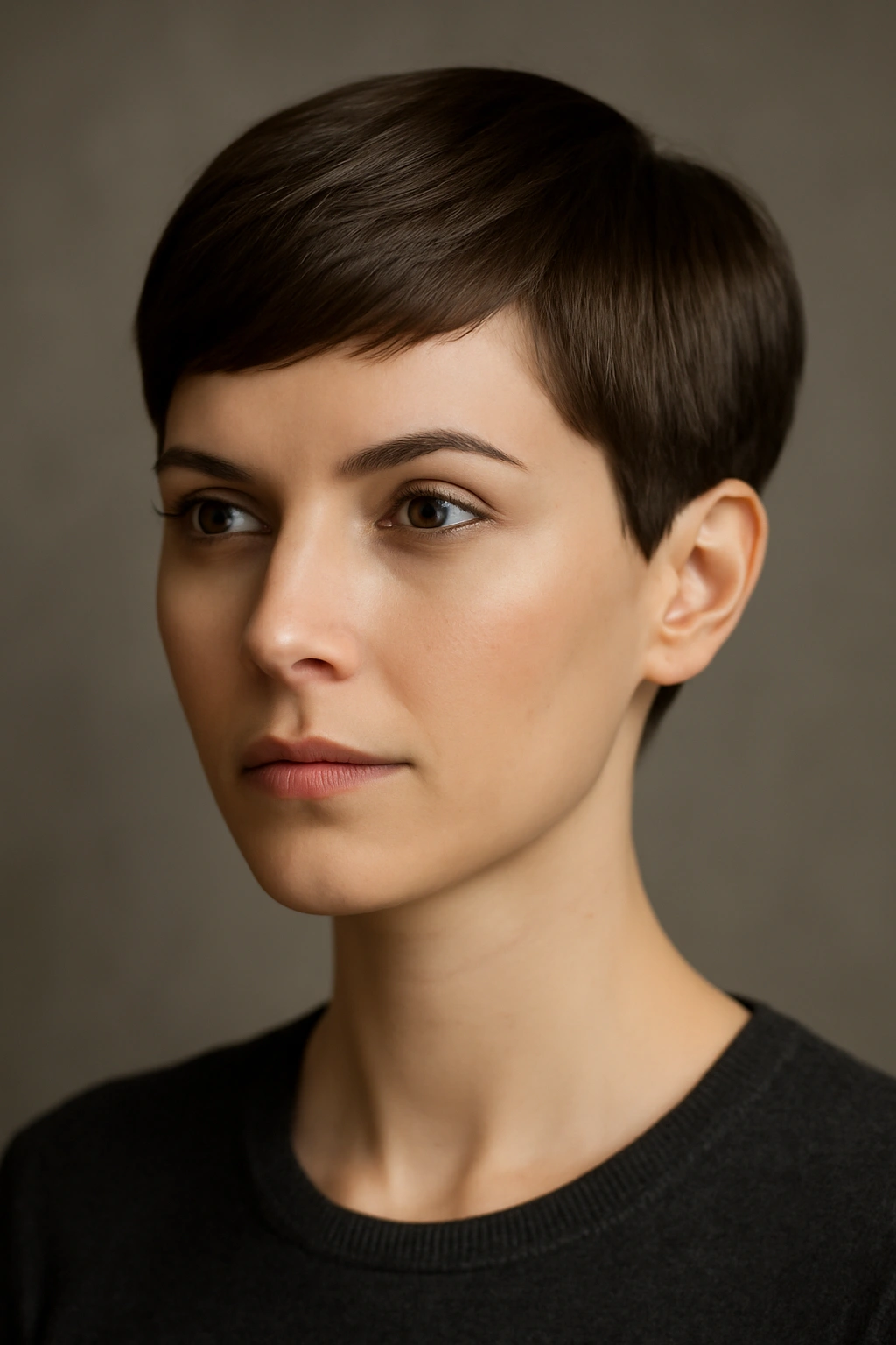 20 Pixie Styles Ranging From Classic To Edgy 1 Close-up portrait of The Classic Pixie with short tapered sides and longer top in studio lighting