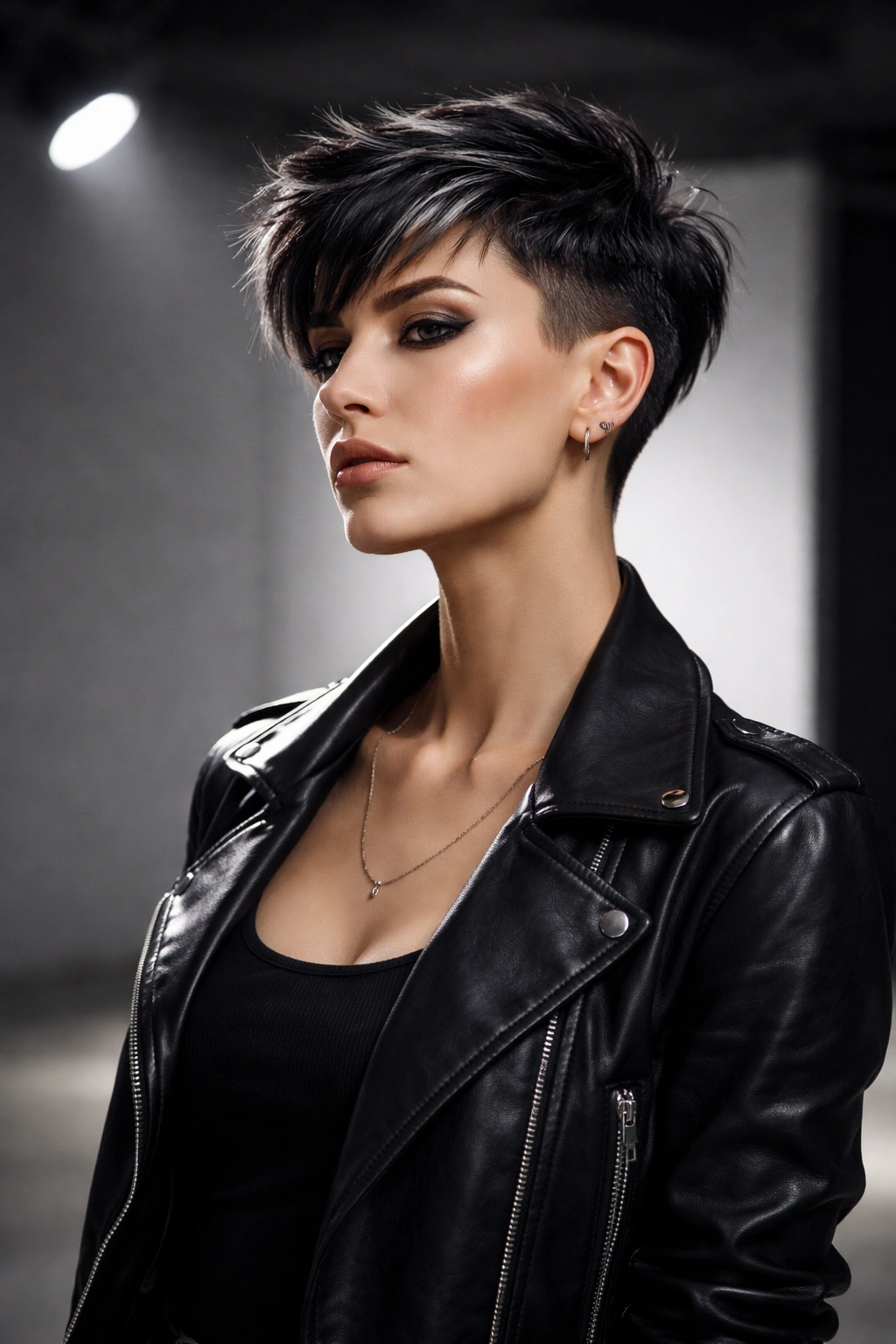 Confident woman with bold pixie cut in studio lighting