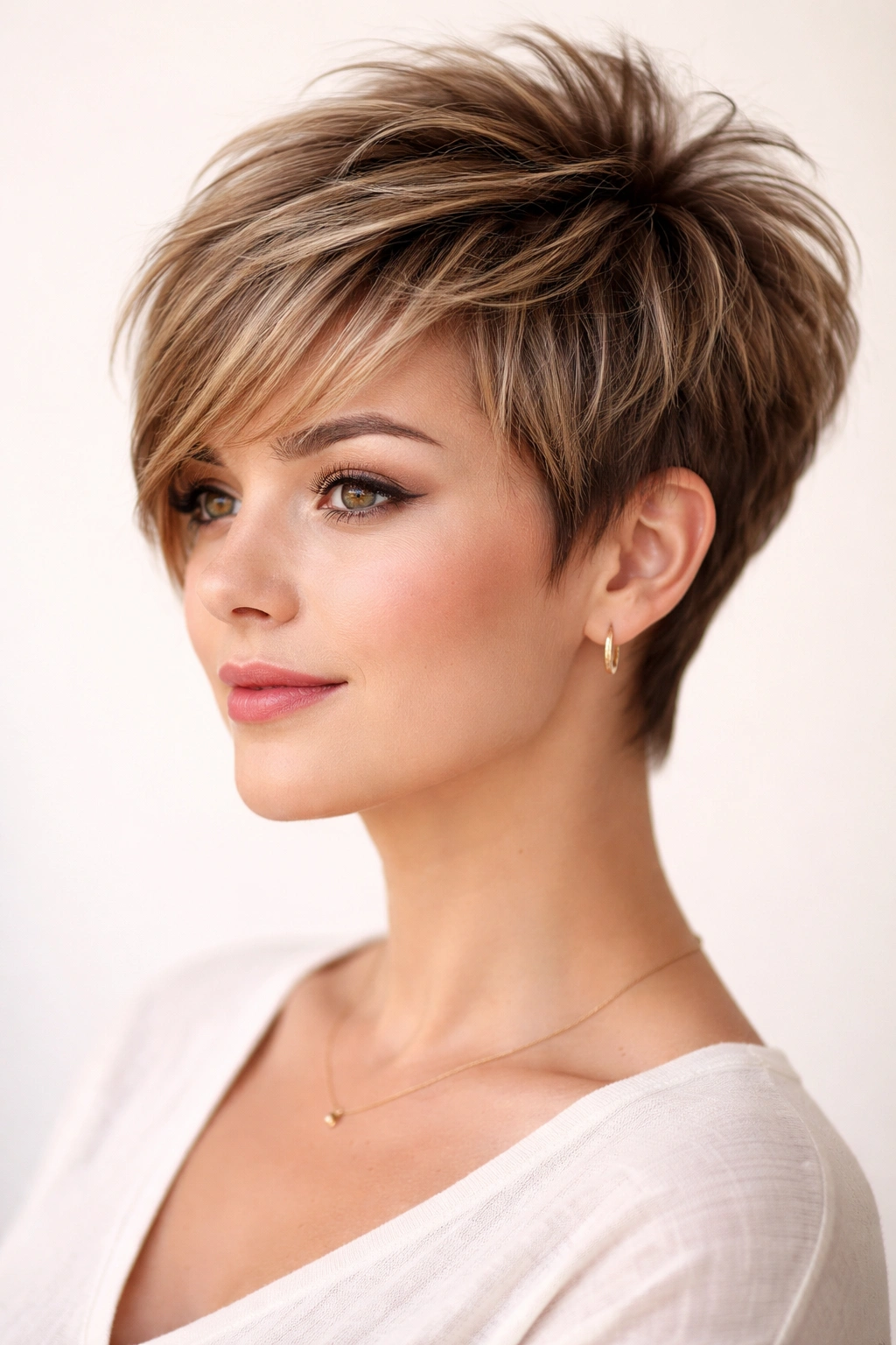 10 Short Haircuts That Minimize A Double Chin 1 Close-up of layered pixie with crown volume, short sides and lifted crown