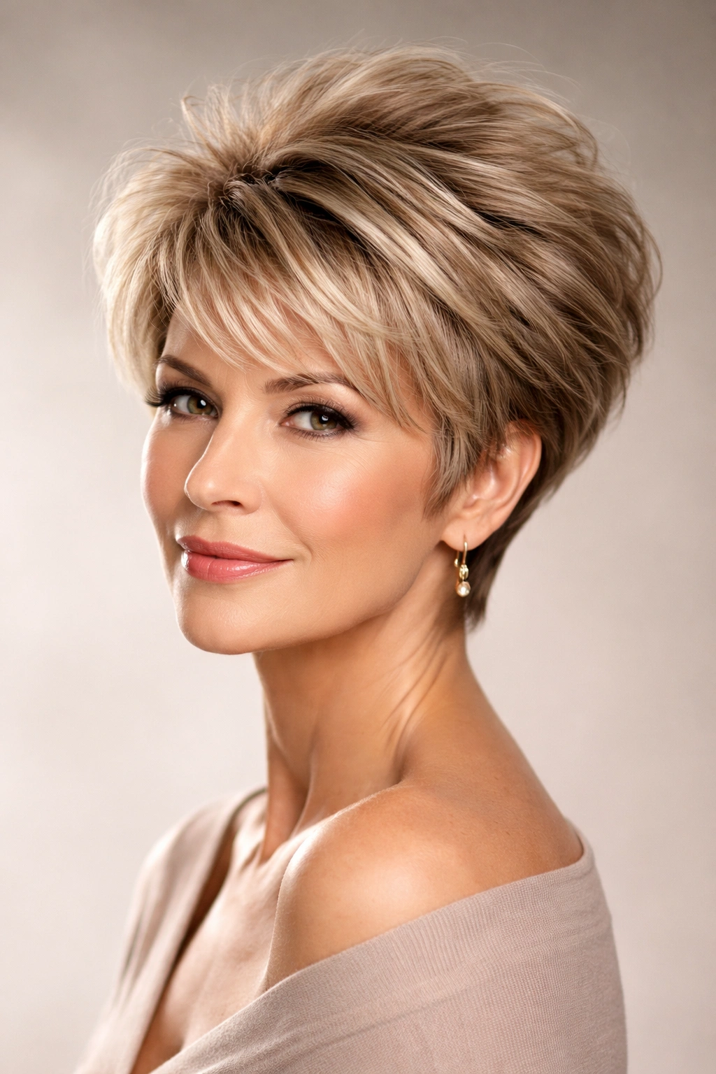 Short layered pixie with voluminous crown and textured layers