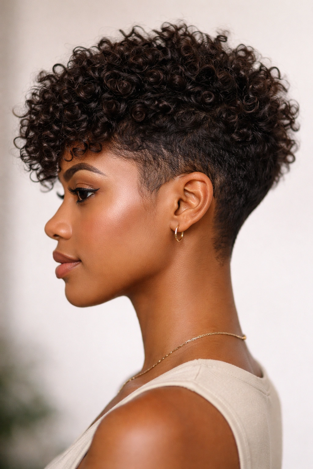 Close-up profile of a textured pixie cut with layered curls
