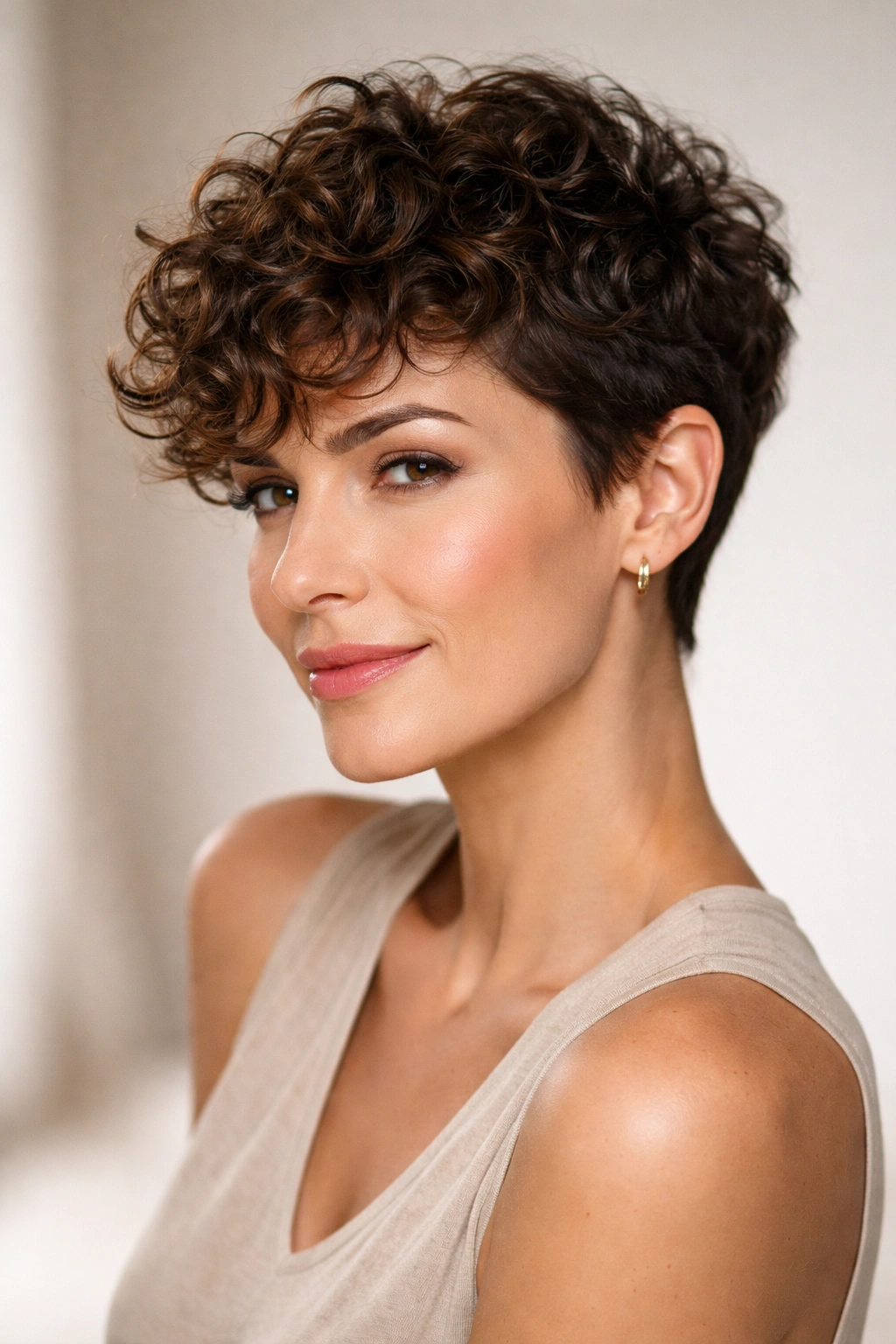 Curly textured pixie highlighting natural curls on top.