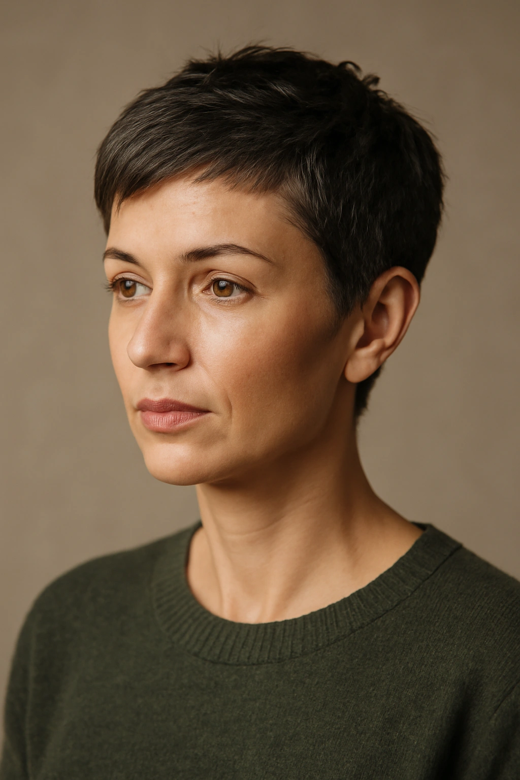 20 Pixie Cuts Sorted By Age And Face Shape 21 Portrait of a person with a pixie haircut in a contemplative pose