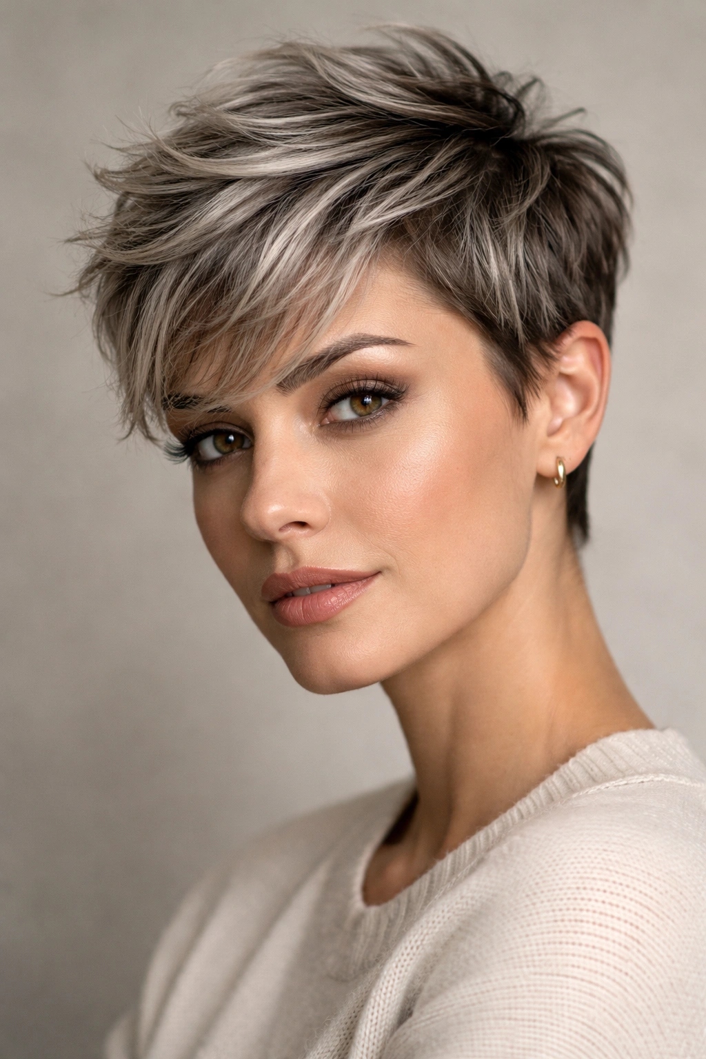 10 Short Haircuts Accented With Soft Gray Highlights 1 Close-up of a textured pixie haircut with strategic gray highlights around the face