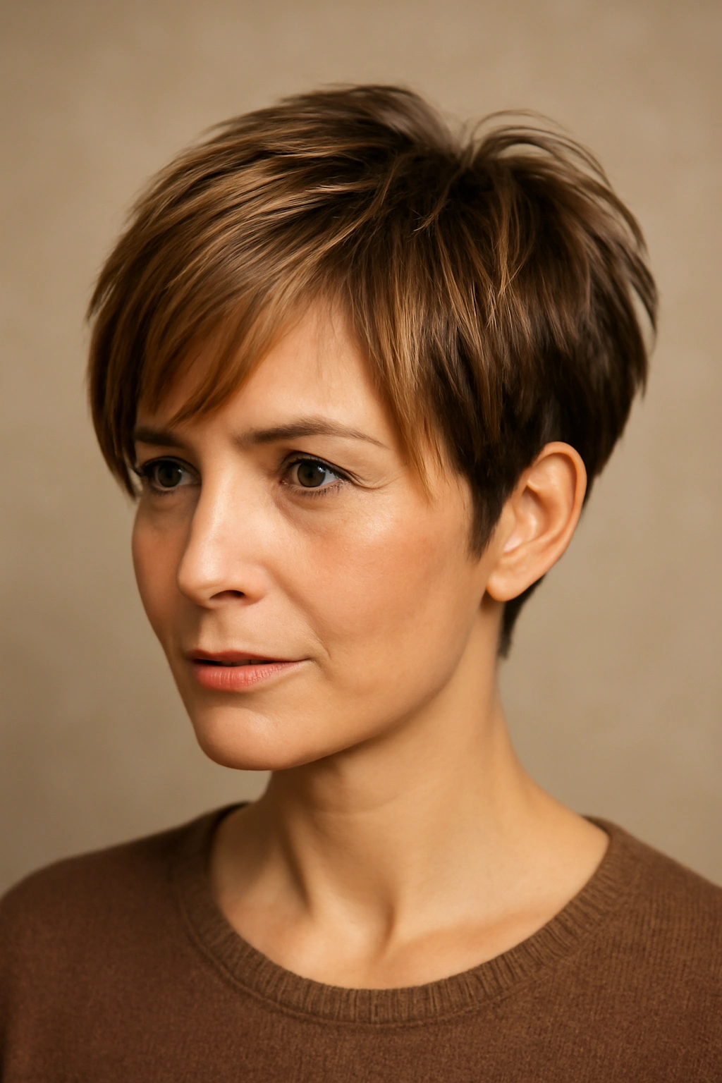 12 Short Haircuts With Highlights That Truly Stand Out 1 Close-up portrait of a textured pixie with honey face-framing highlights enhancing cheekbones