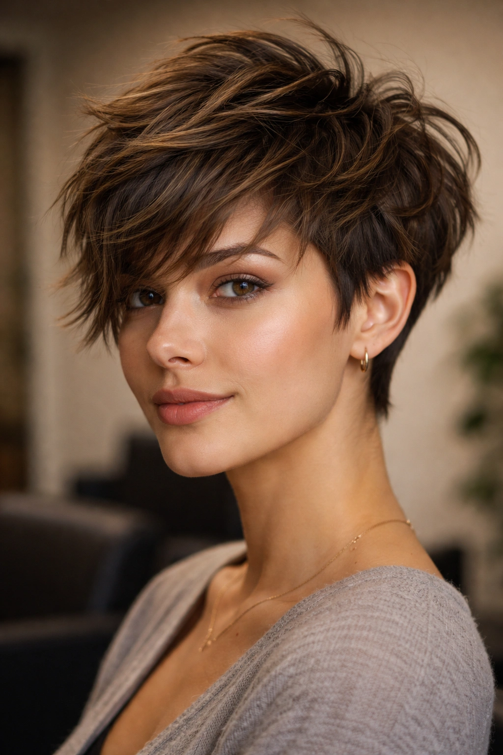 20 Short Pixie Haircuts That Practically Style 19 Close-up of a heavily layered textured pixie haircut with dramatic length differences