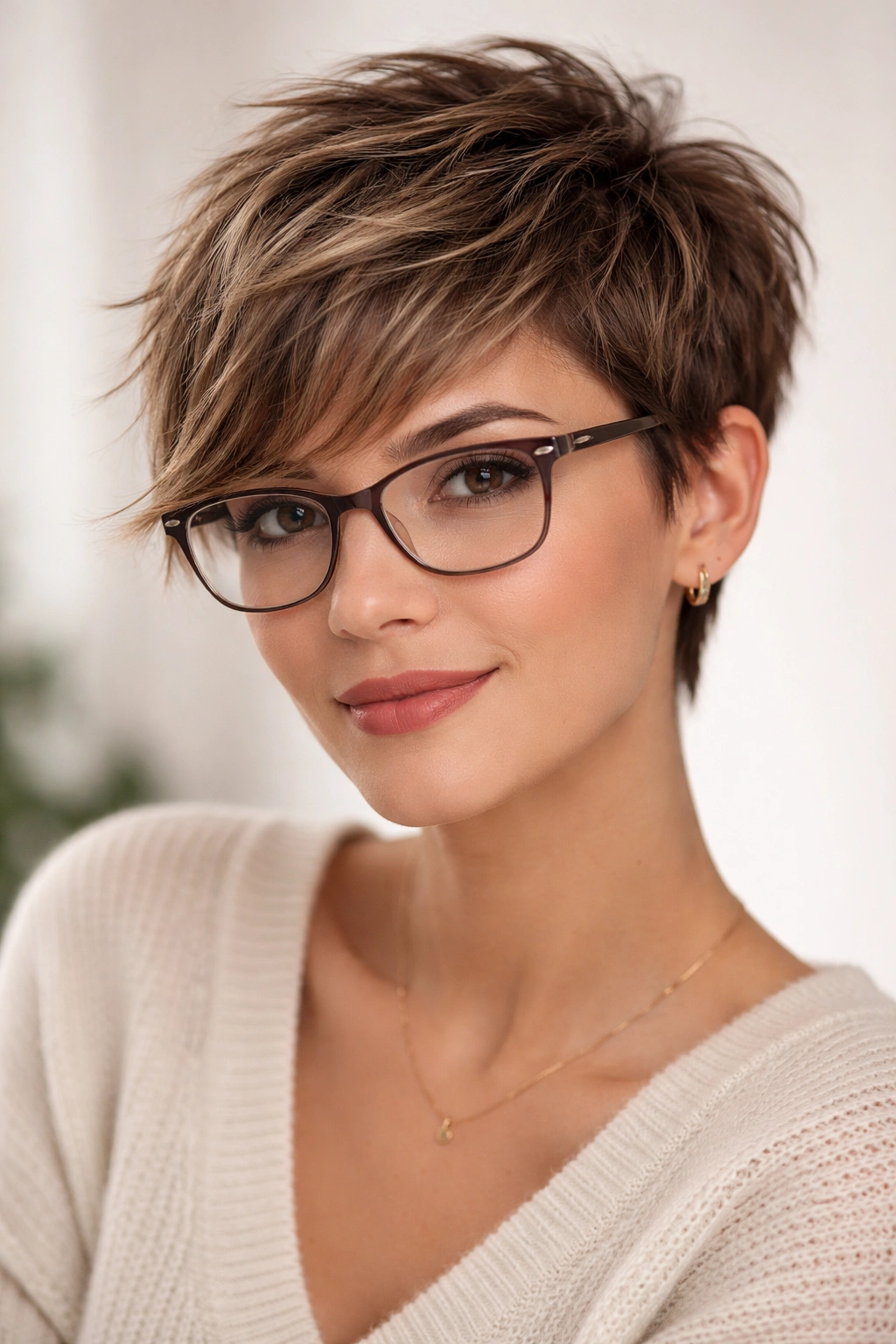 Close-up of The Textured Pixie with Longer Bangs showing choppy layers and side-swept bangs