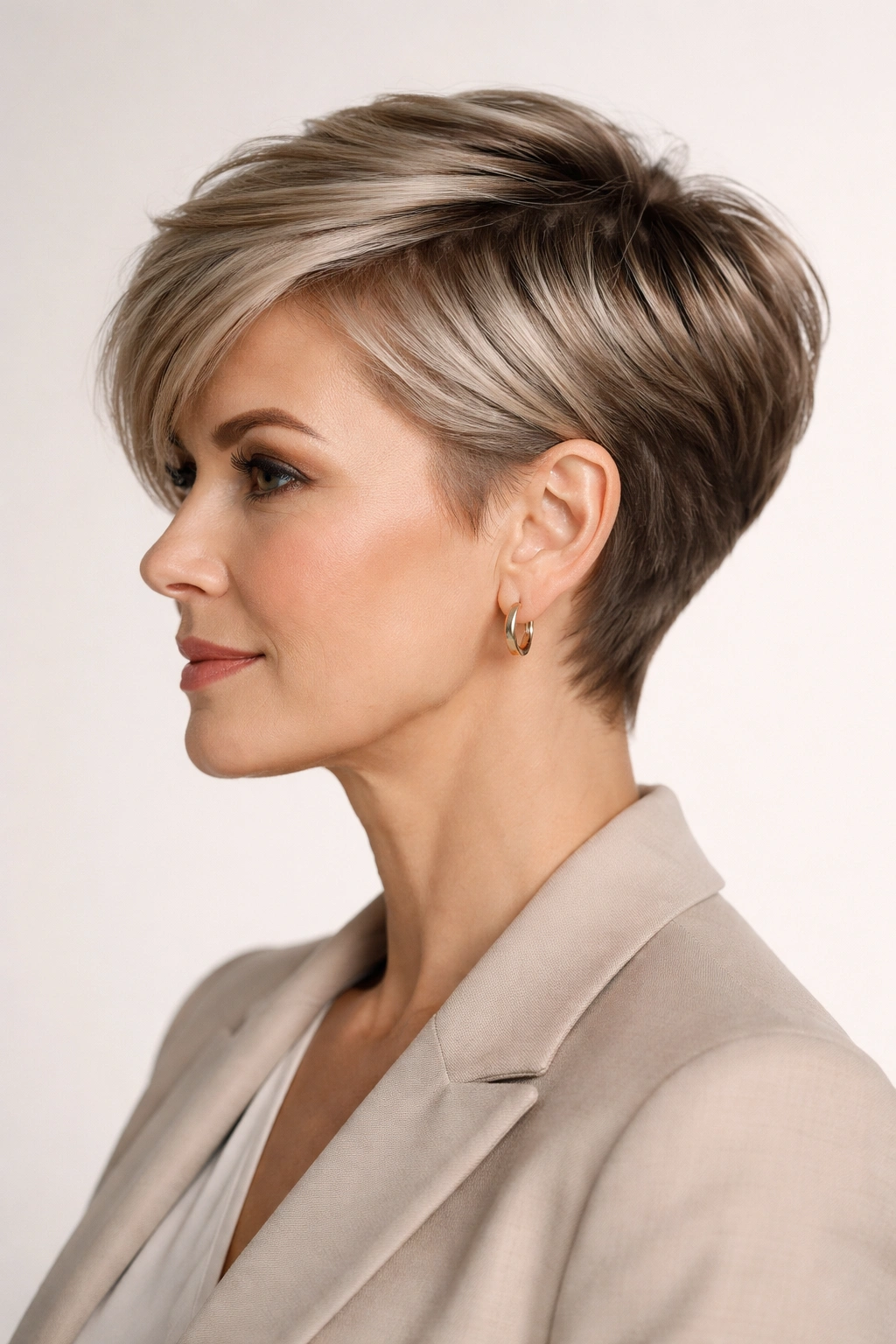Modern pixie haircut with longer top and tapered back
