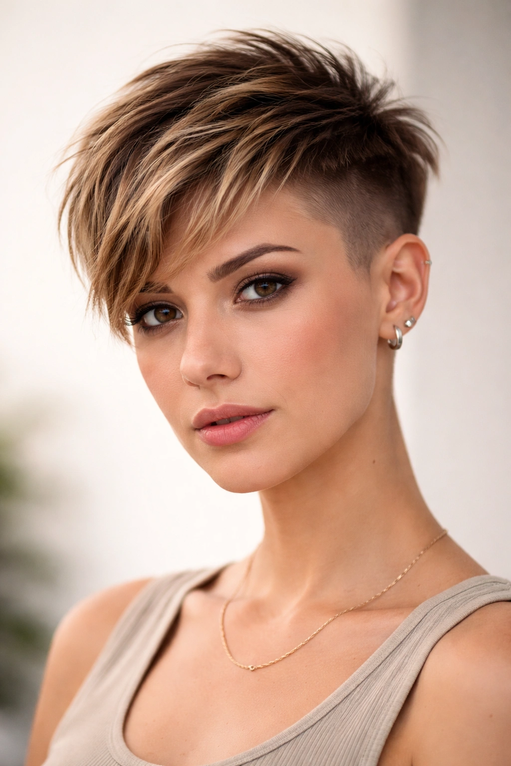 8 Undercut Pixie Styles From Soft To Sharp 11 Portrait showing growth on top of undercut pixie to illustrate maintenance timeline