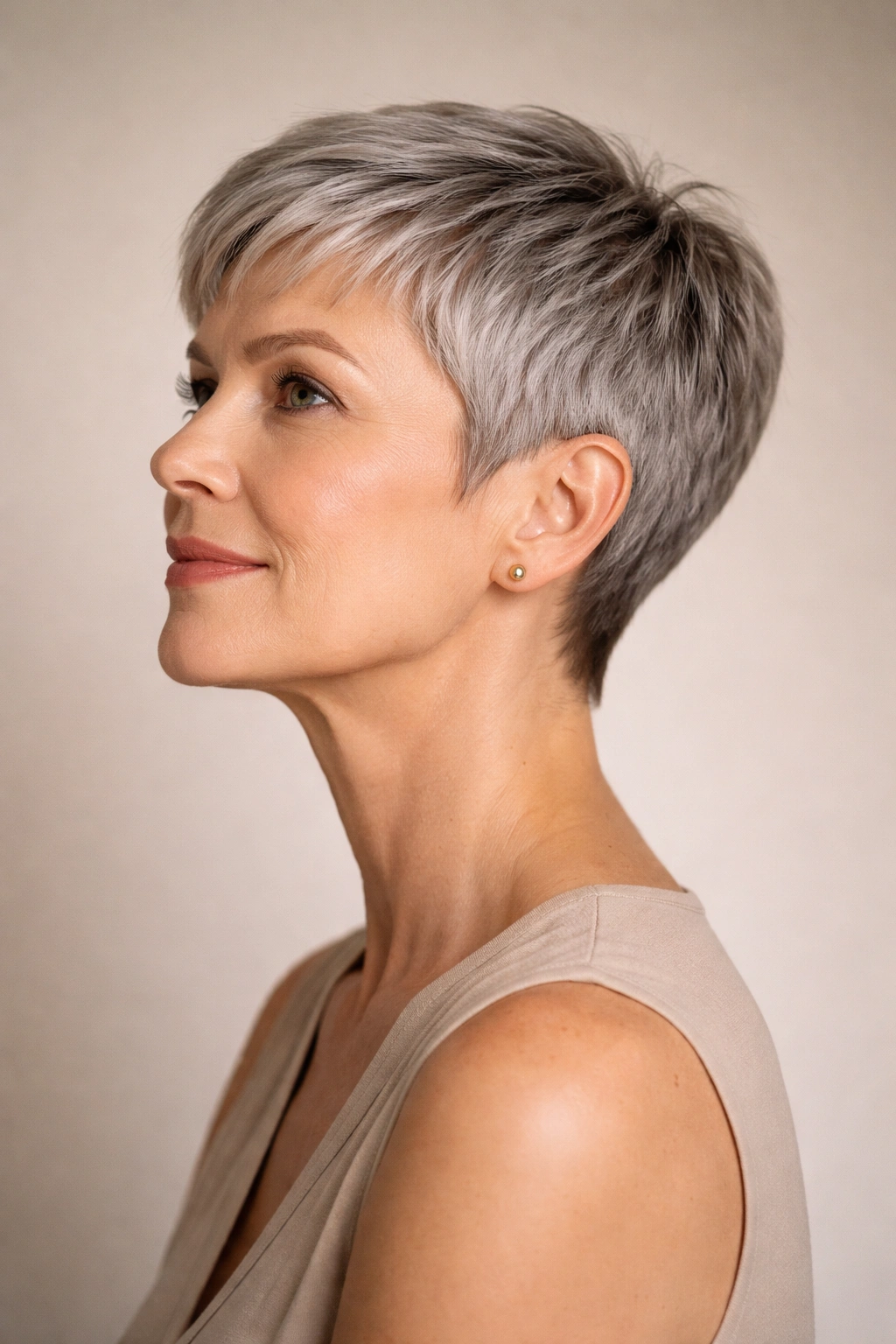 Close-up portrait of a mature woman with a classic short pixie haircut (1-2 inch top, faded sides).
