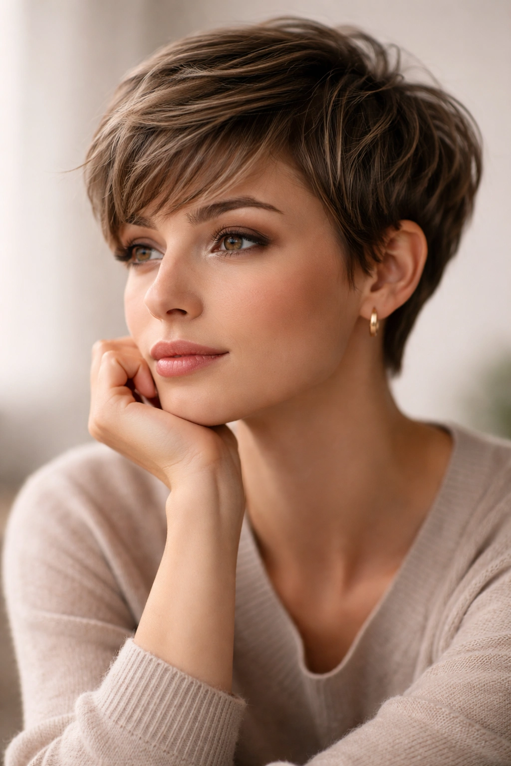 15 Pixie Cuts That Suit Every Face Shape 16 Contemplative portrait of a person with a pixie cut highlighting hair texture.