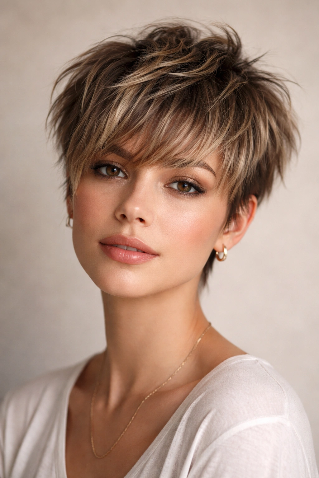 Pixie haircut with long piece-y bangs and textured layers