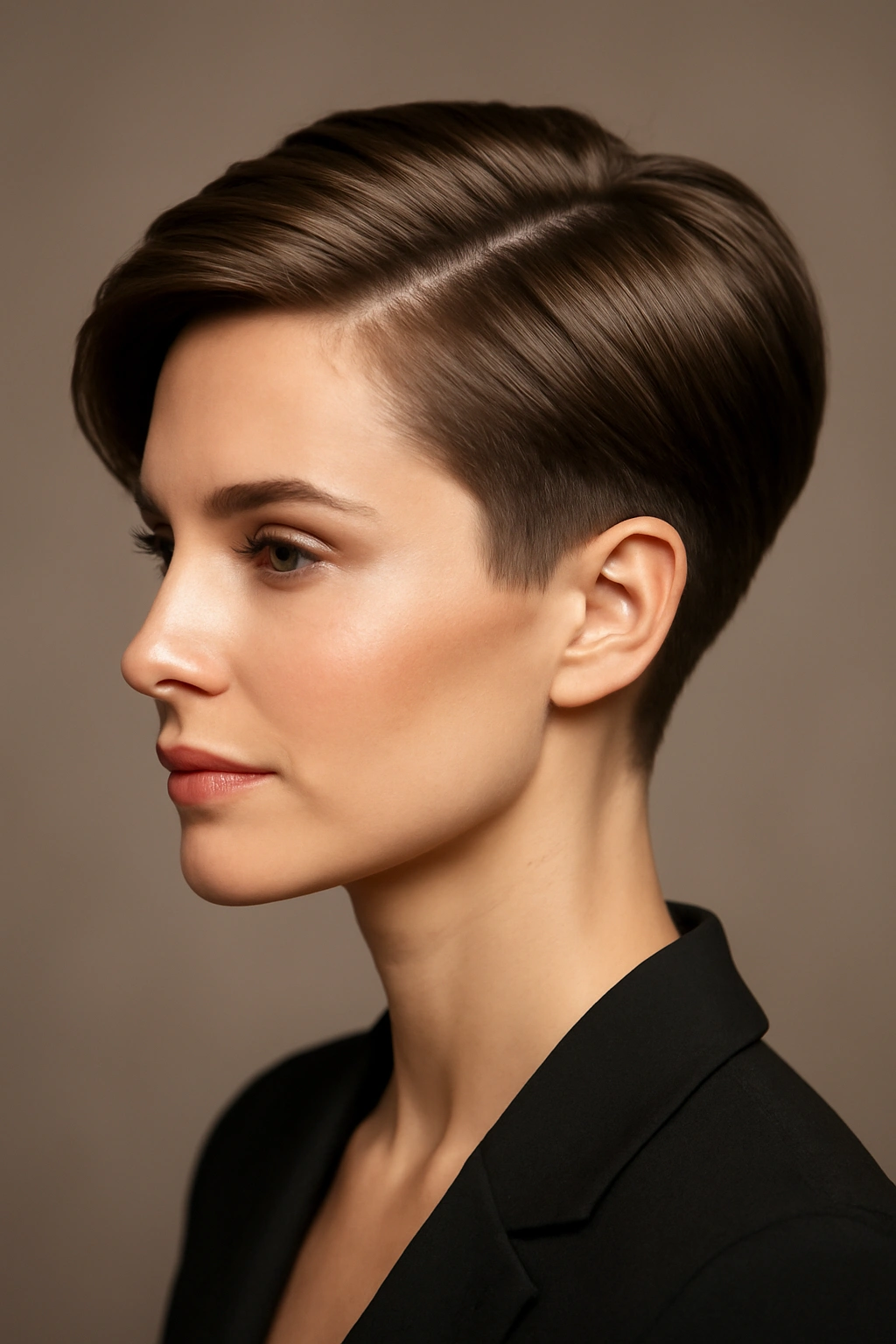 10 Formal Styles That Make Short Hair Look Dressy 1 Close-up profile of a polished side-swept pixie with a diagonal sweep and clean fade