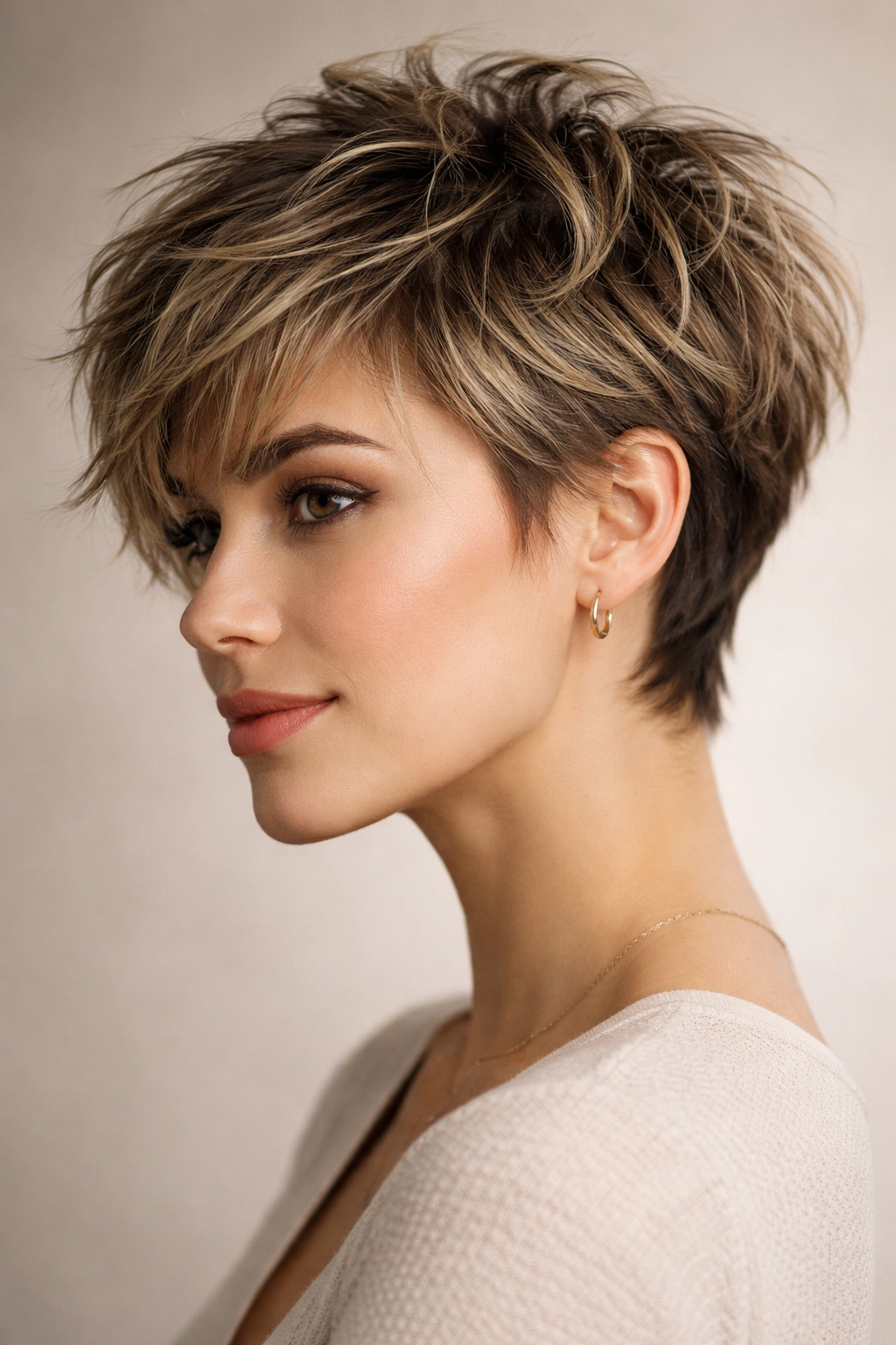 Shaggy pixie hairstyle with short sides and longer, choppy top.