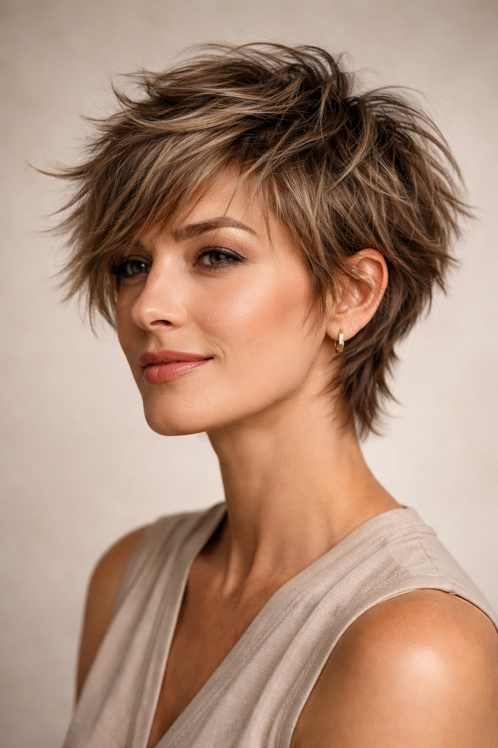 Shaggy pixie with layers and movement, edgy texture.