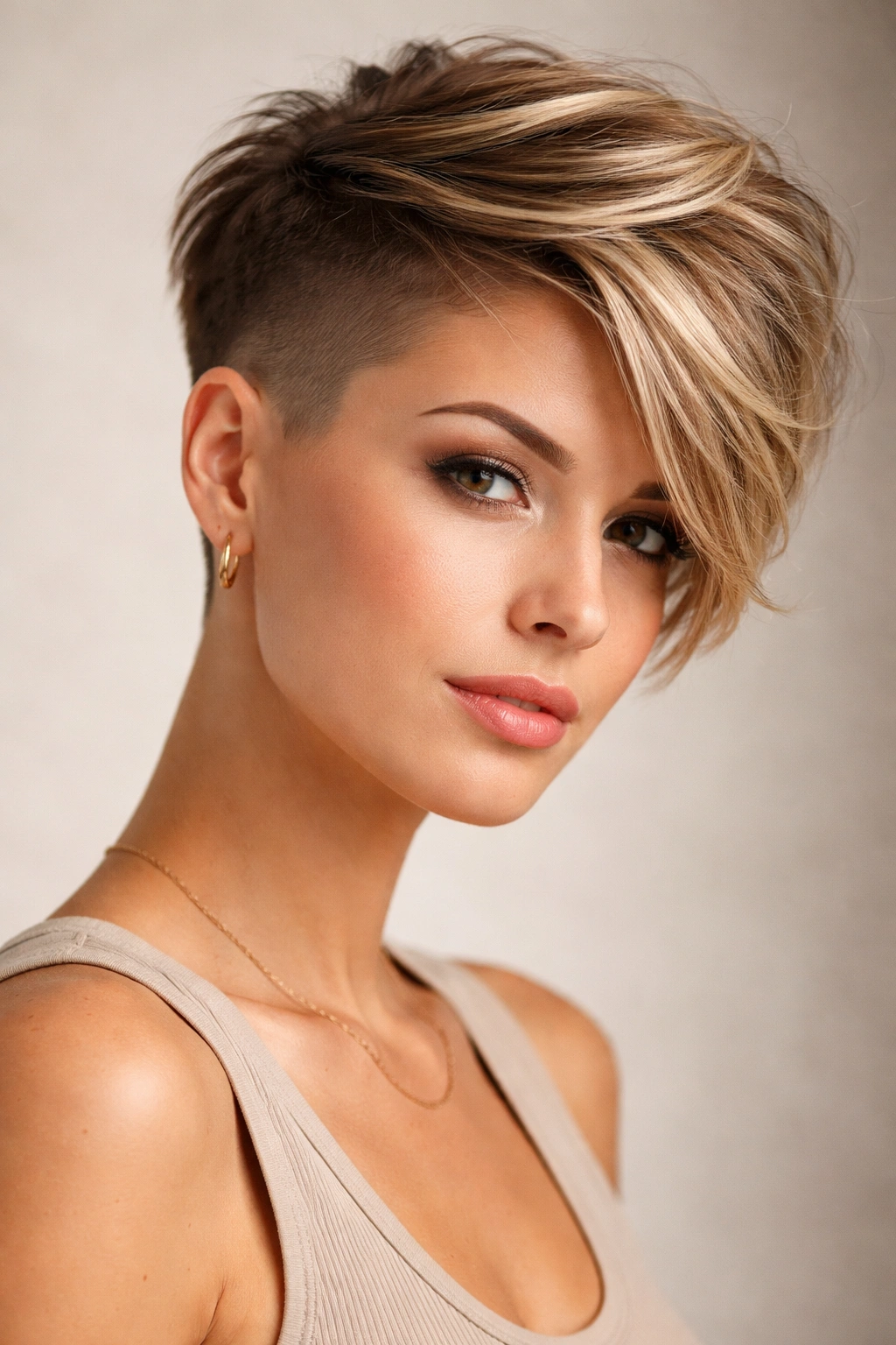 Portrait of a pixie cut with a swept textured top and shaved side