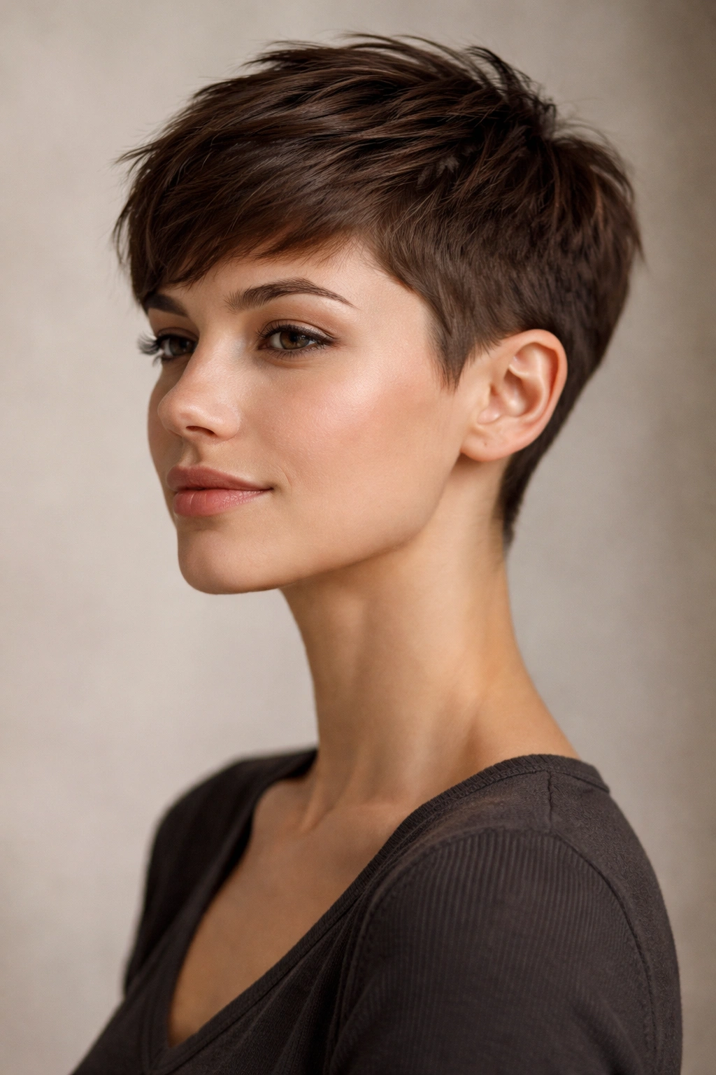 15 Short Haircuts That Look Great Without Bangs 1 Close-up of classic pixie haircut with very short sides and textured top