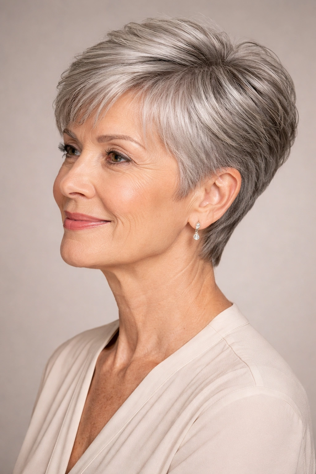 Pixie cut with short sides and lifted crown
