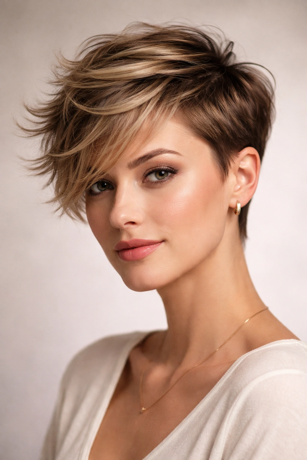 Side-swept textured pixie hairstyle with dramatic asymmetrical length