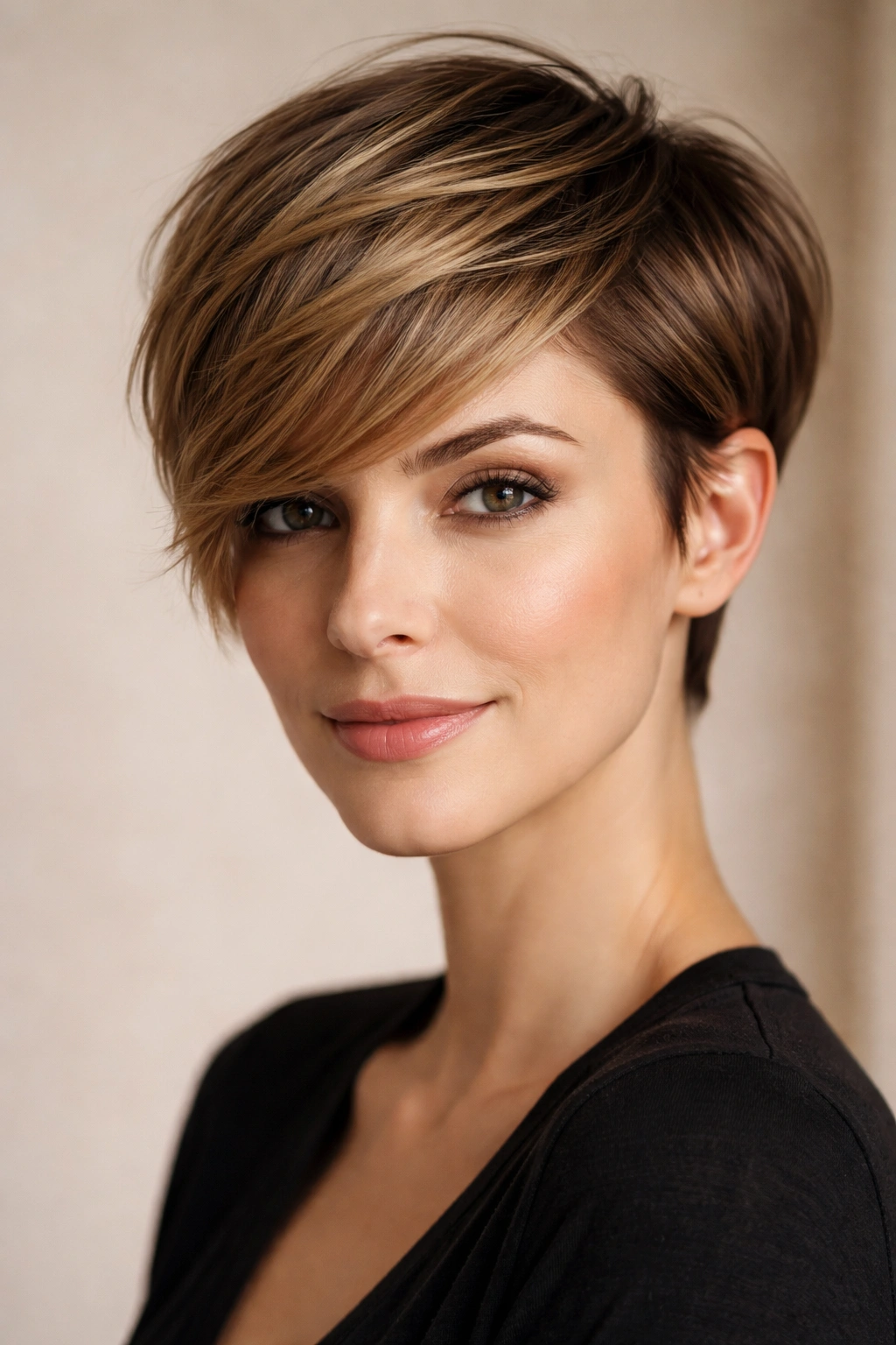20 Long Face Haircuts Women Keep Requesting 13 Close-up of longer pixie haircut with side swept top and textured volume