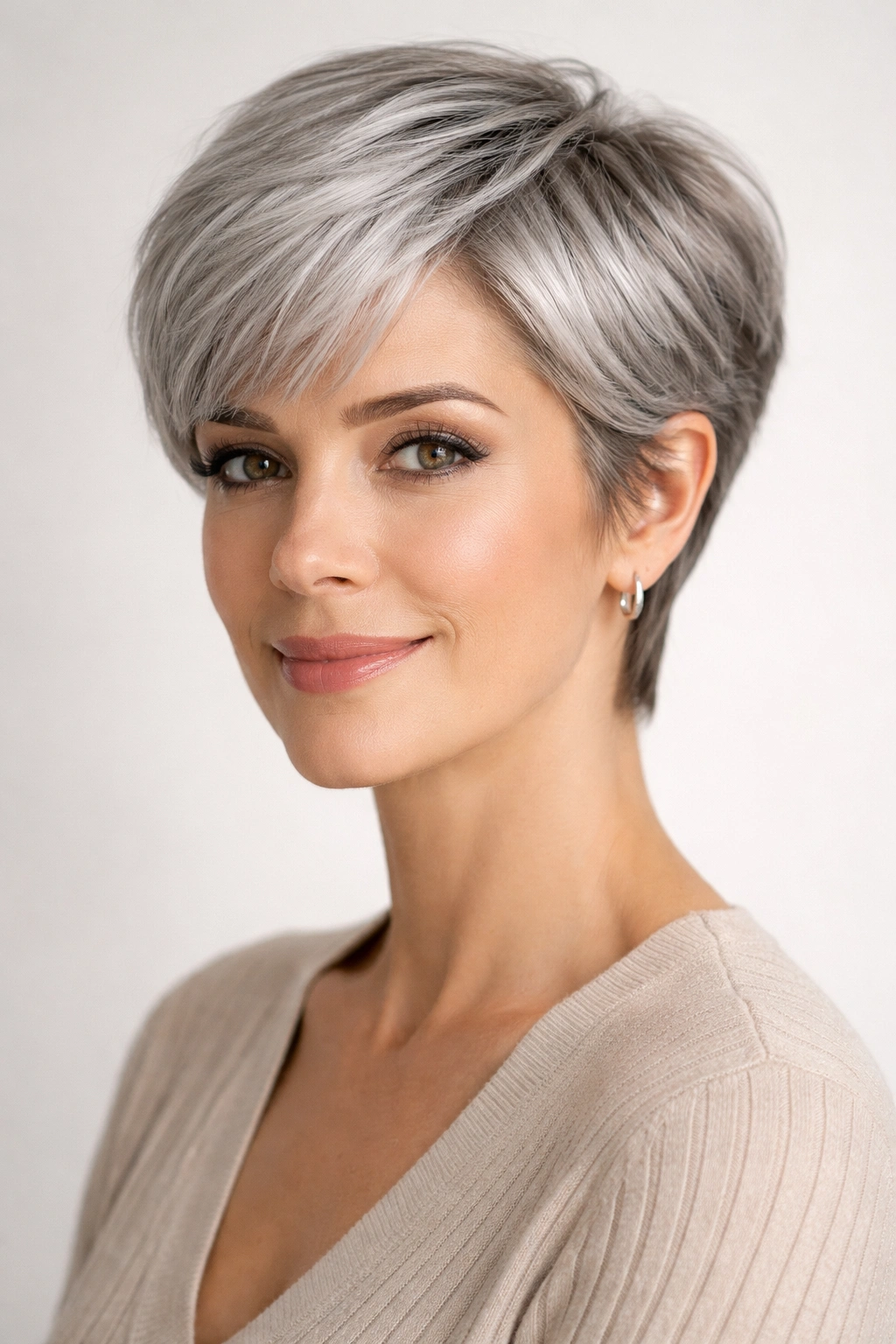 Silver-friendly pixie showing silver-gray hair with tapered edges.