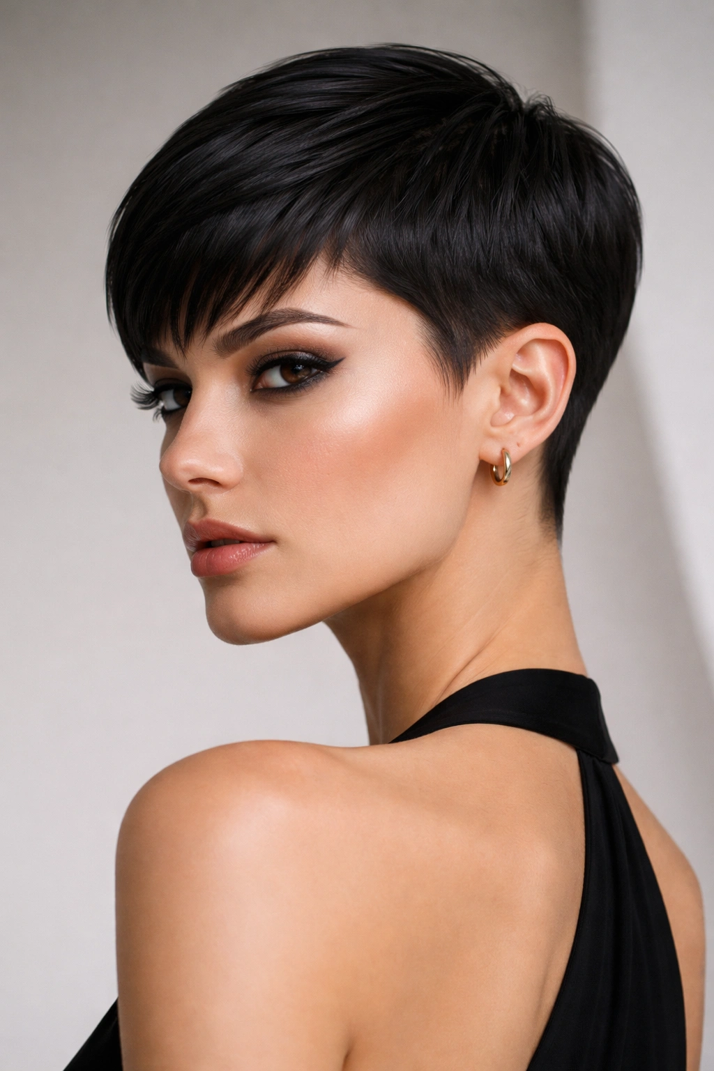 Sleek sculptural pixie with smooth lines closely hugging the head