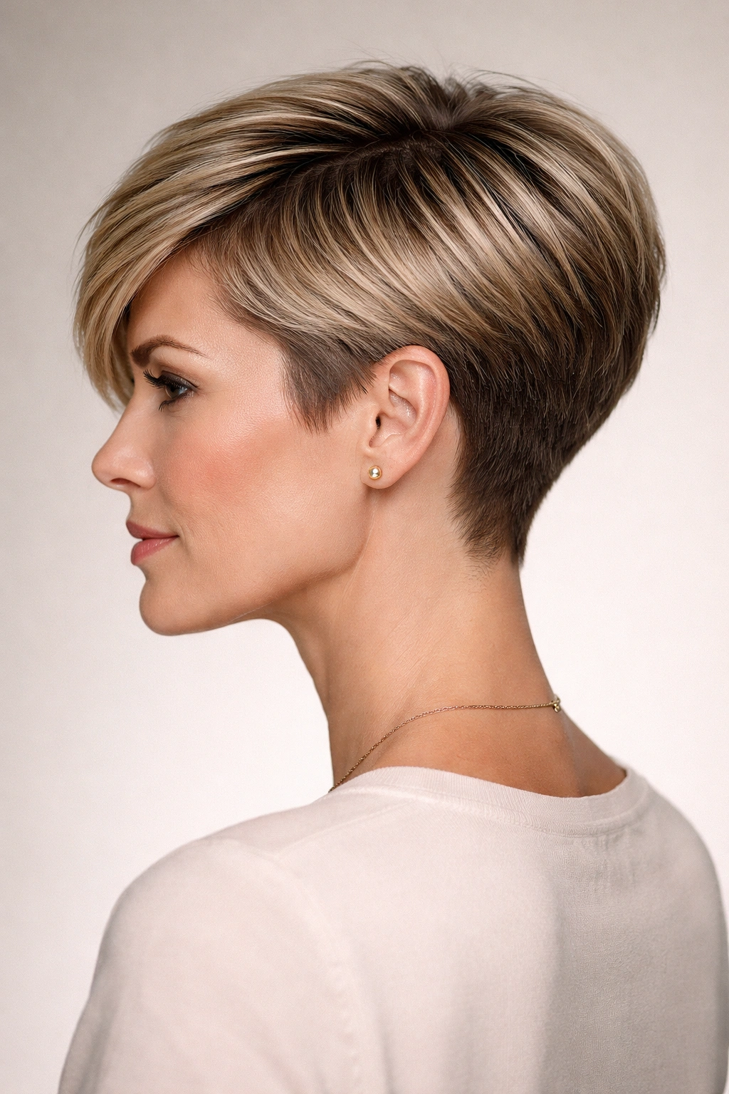 Profile view of The Tapered Nape Pixie highlighting the tapered neck and longer top.