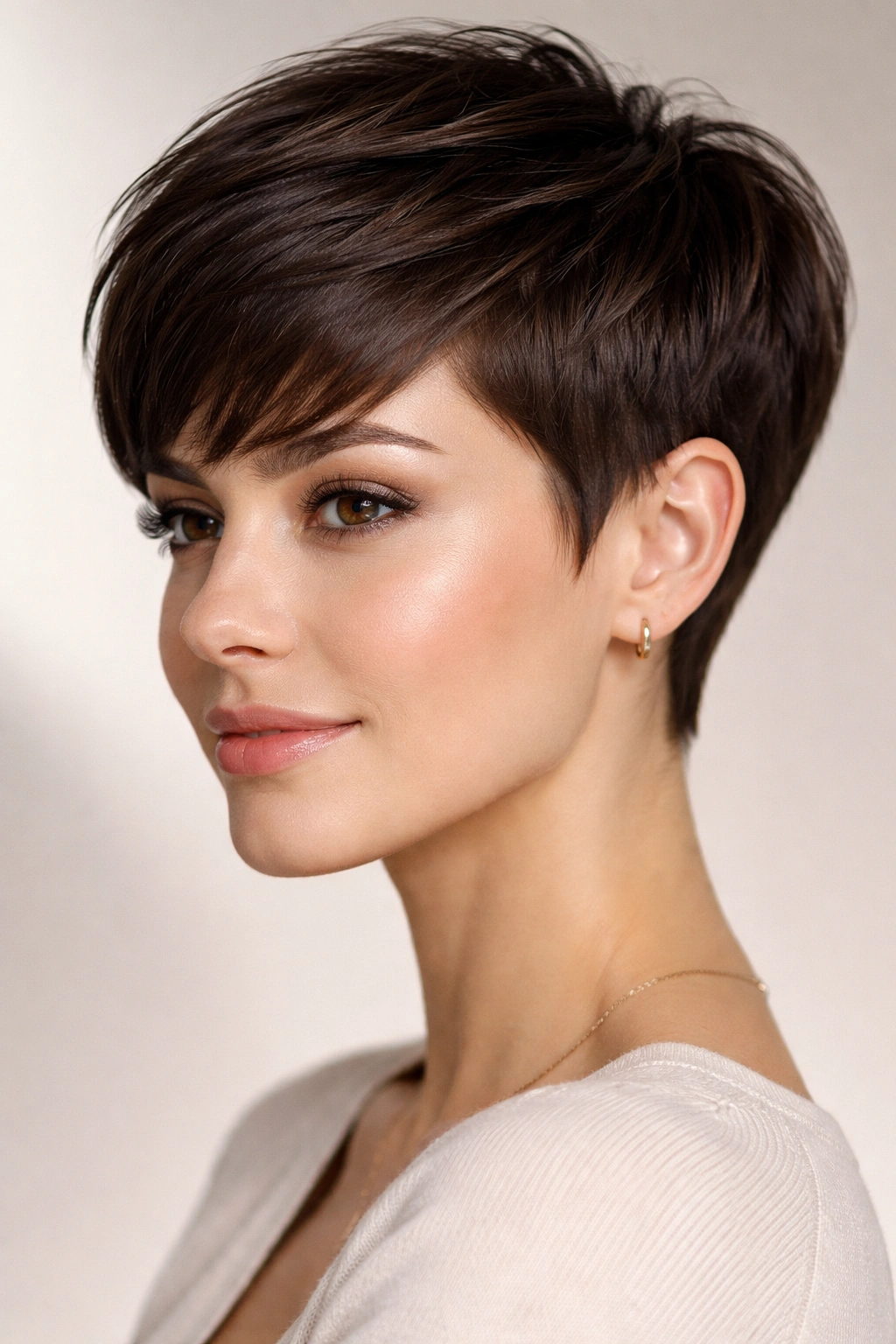 Close-up of a model's head showing a sleek pixie with tapered sides and textured top.