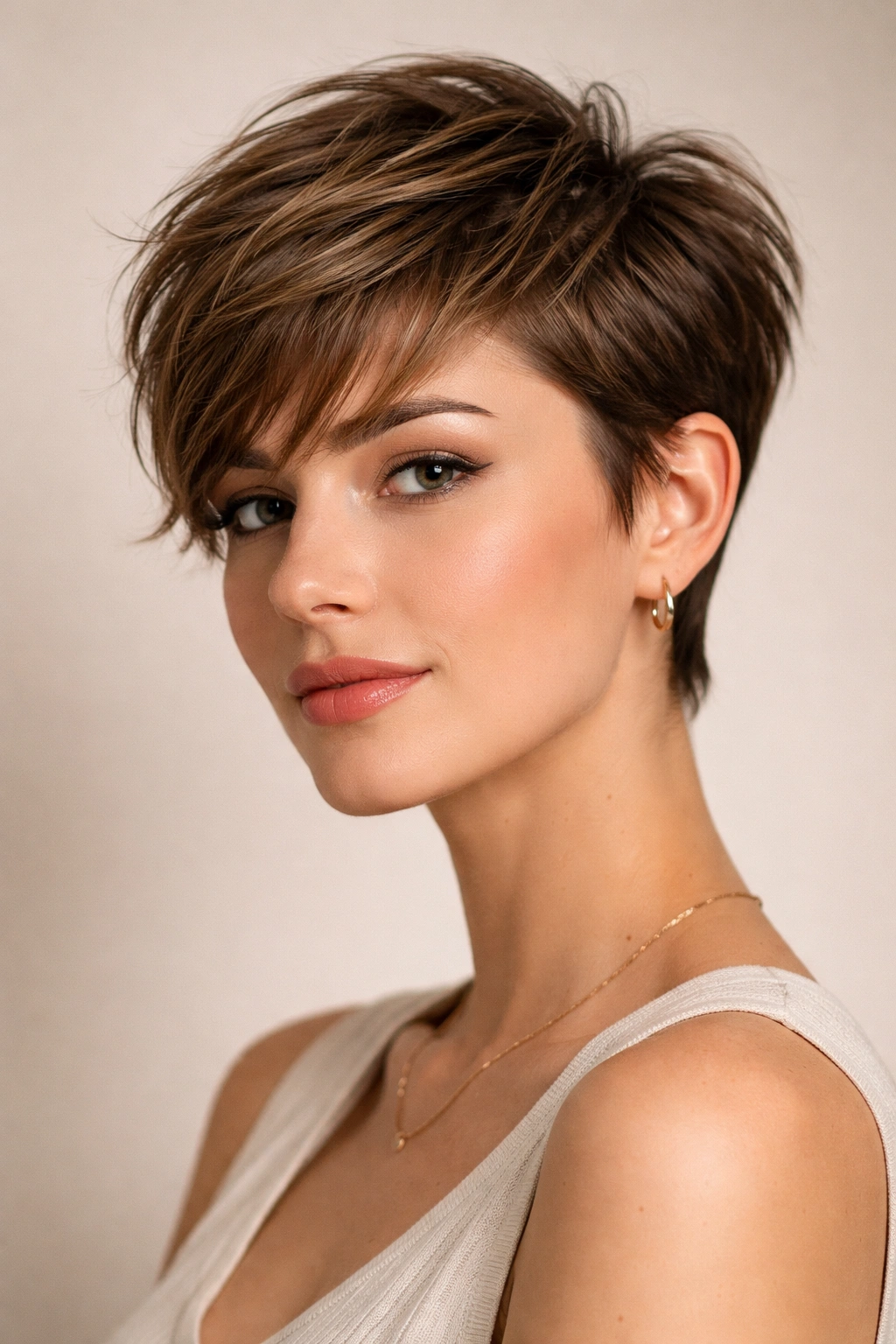 Textured pixie with face-framing layers hairstyle; cropped sides and choppy top.