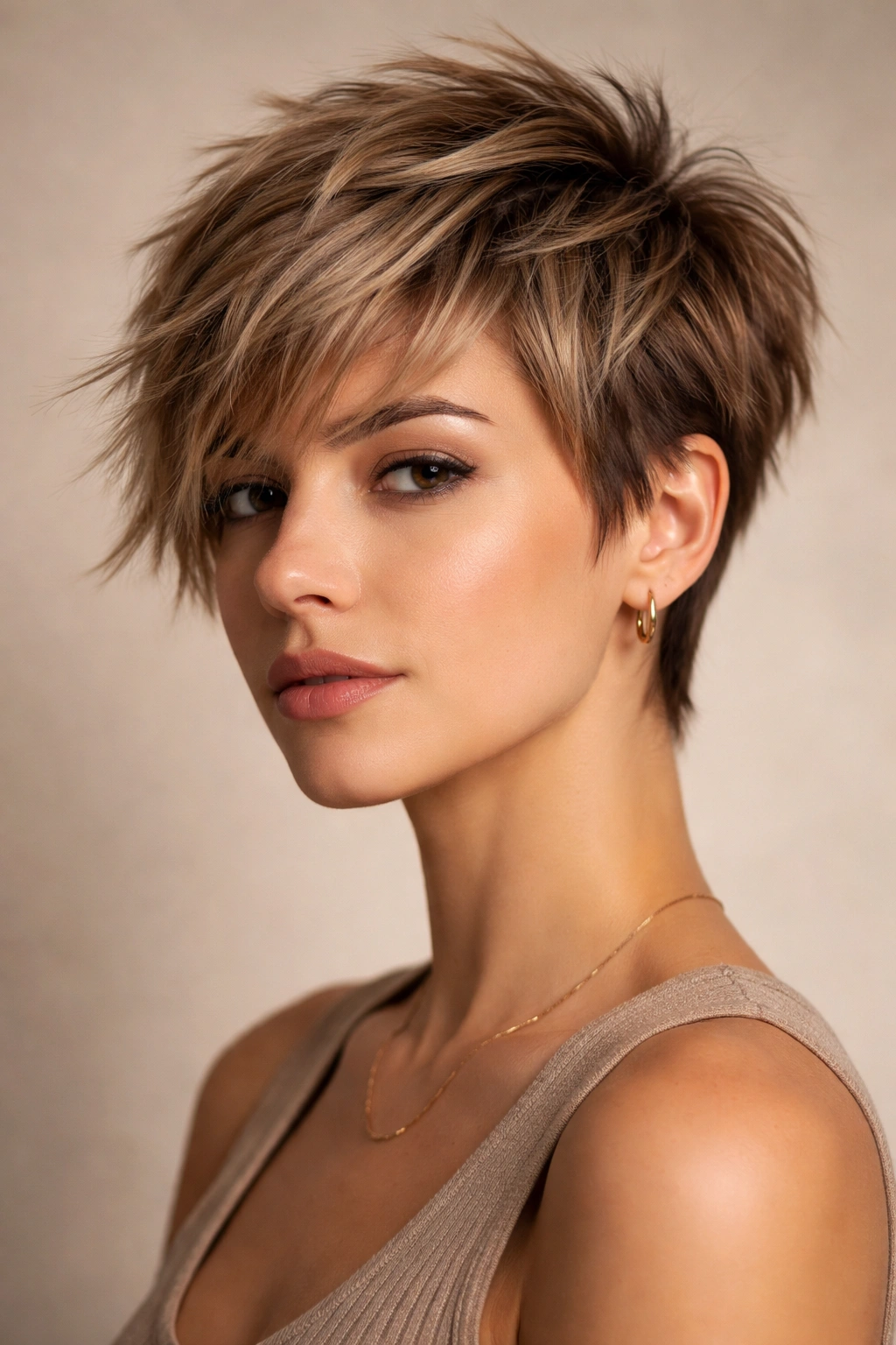 Close-up of a choppy pixie with disconnected layers on a neutral backdrop
