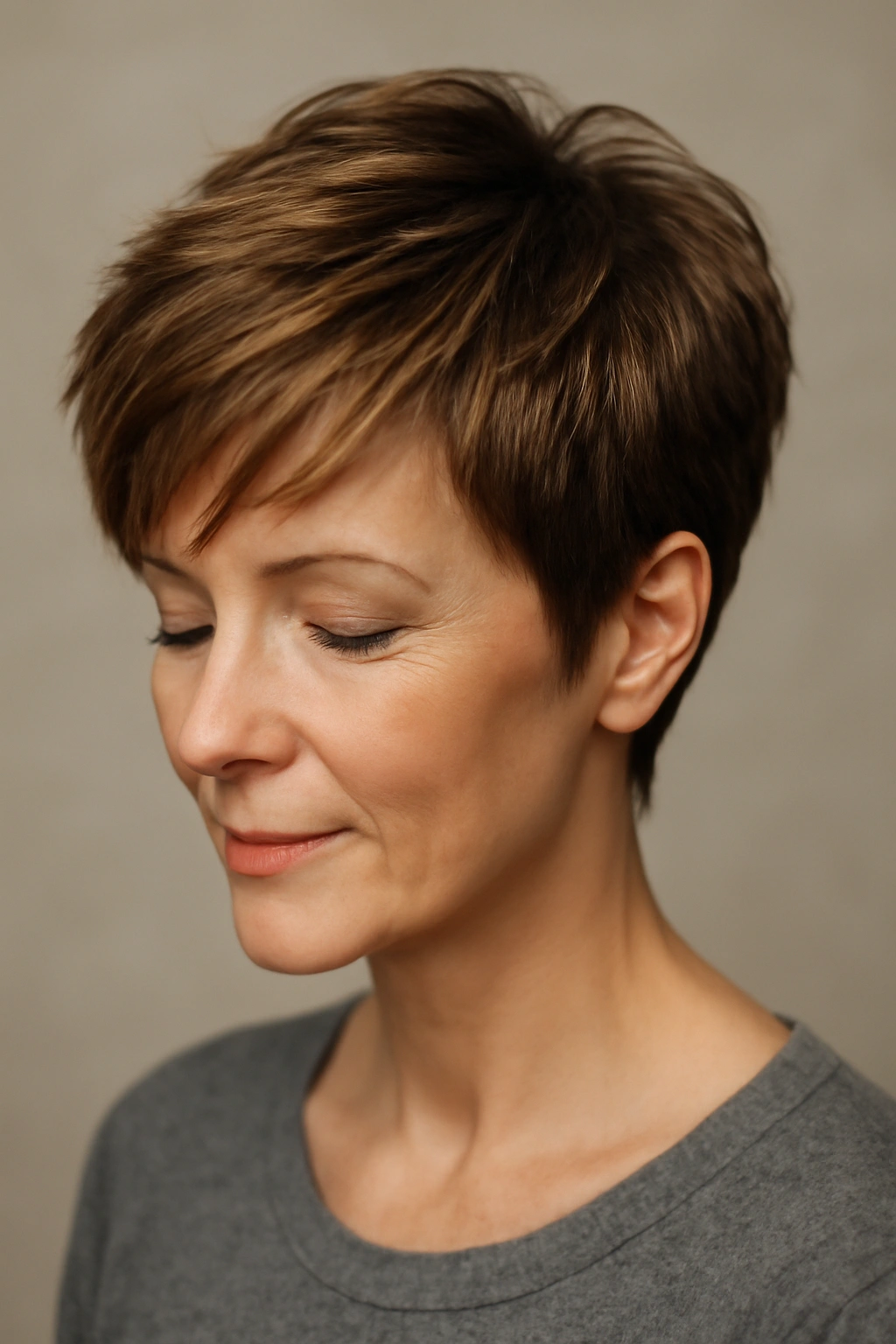 Textured pixie with side sweep showing soft layers and light-catching texture for a fuller look