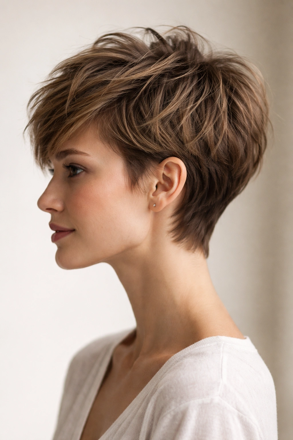 15 Hairstyles That Beautifully Flatter Long Faces 14 Side-profile of a grown-out pixie with longer textured top and layered sides