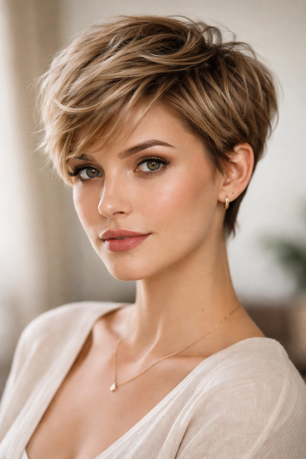 20 Very Short Haircuts That Still Look Feminine 1 Textured pixie haircut with soft layers and short sides.