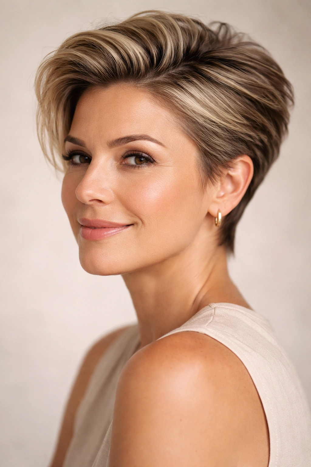 15 Short Haircuts For Women In Their 40s And 50s 13 Close-up portrait of a woman with a swept-back textured pixie haircut