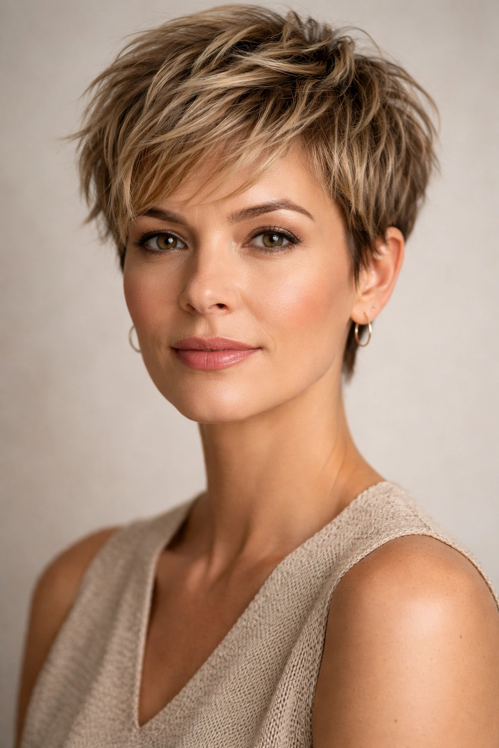 Portrait of a woman with The Classic Textured Pixie featuring short layered top and tapered sides.