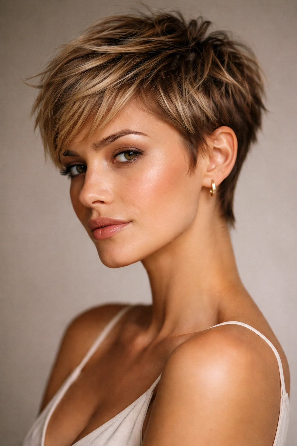 25 Haircut Styles Trending For Women This Season 4 Portrait of a model with a textured pixie highlighting cheekbones and facial structure.