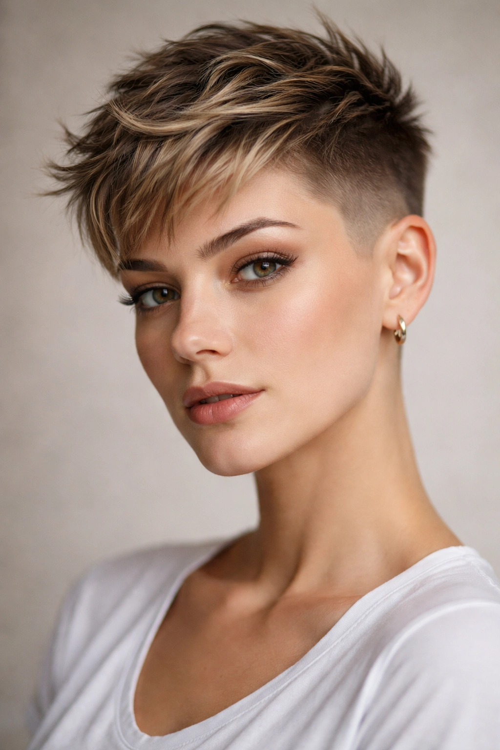 12 Short Haircuts With Shaved Sides For Bold Women 1 Close-up of a woman with a textured pixie and high fade, emphasizing choppy top layers and shaved sides
